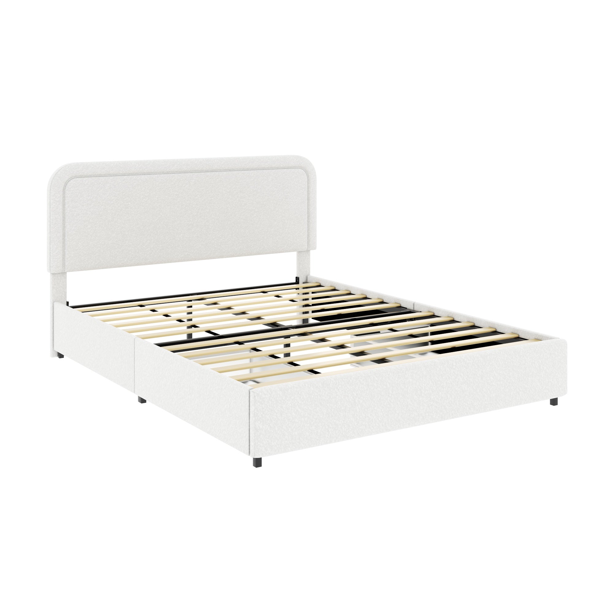 Liv Queen Size 2-Drawer Storage Bed Frame with Curved Tufted Headboard, Patented Boucle Upholstered Platform Bed, Wooden Slat Support, No Box Spring Needed, Ivory