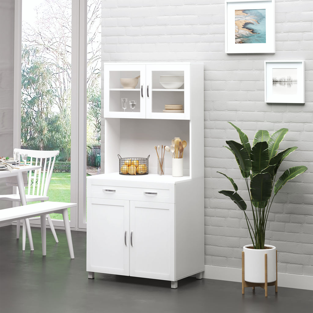 67" Buffet with Hutch, Modern Kitchen Pantry, Freestanding Storage Cabinet with Framed Glass Doors, Shelves and Drawers, White