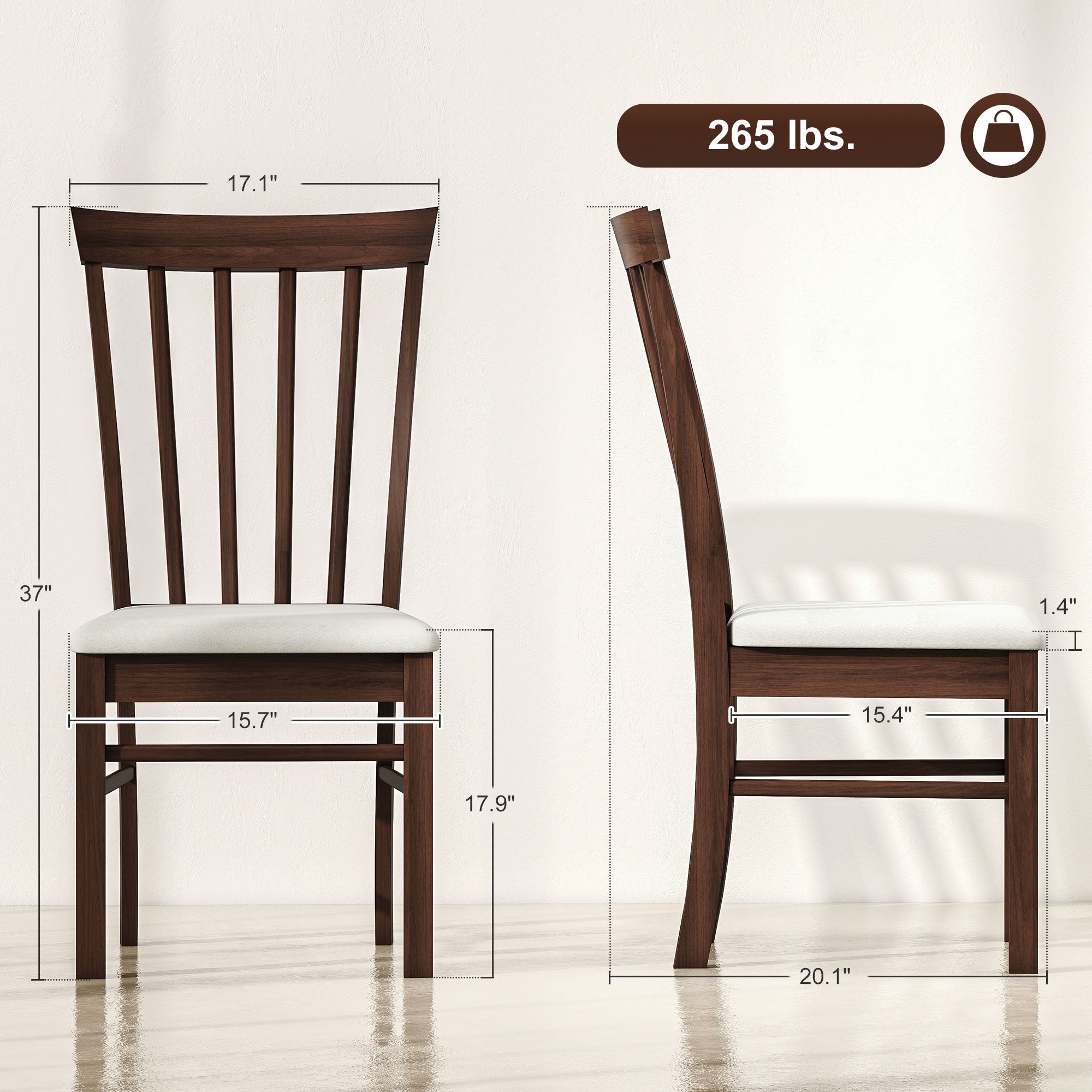 Wooden Dining Chairs Set of 2, Farmhouse Upholstered Kitchen Chairs with Rubber Wood Frame, Dark Brown and Beige
