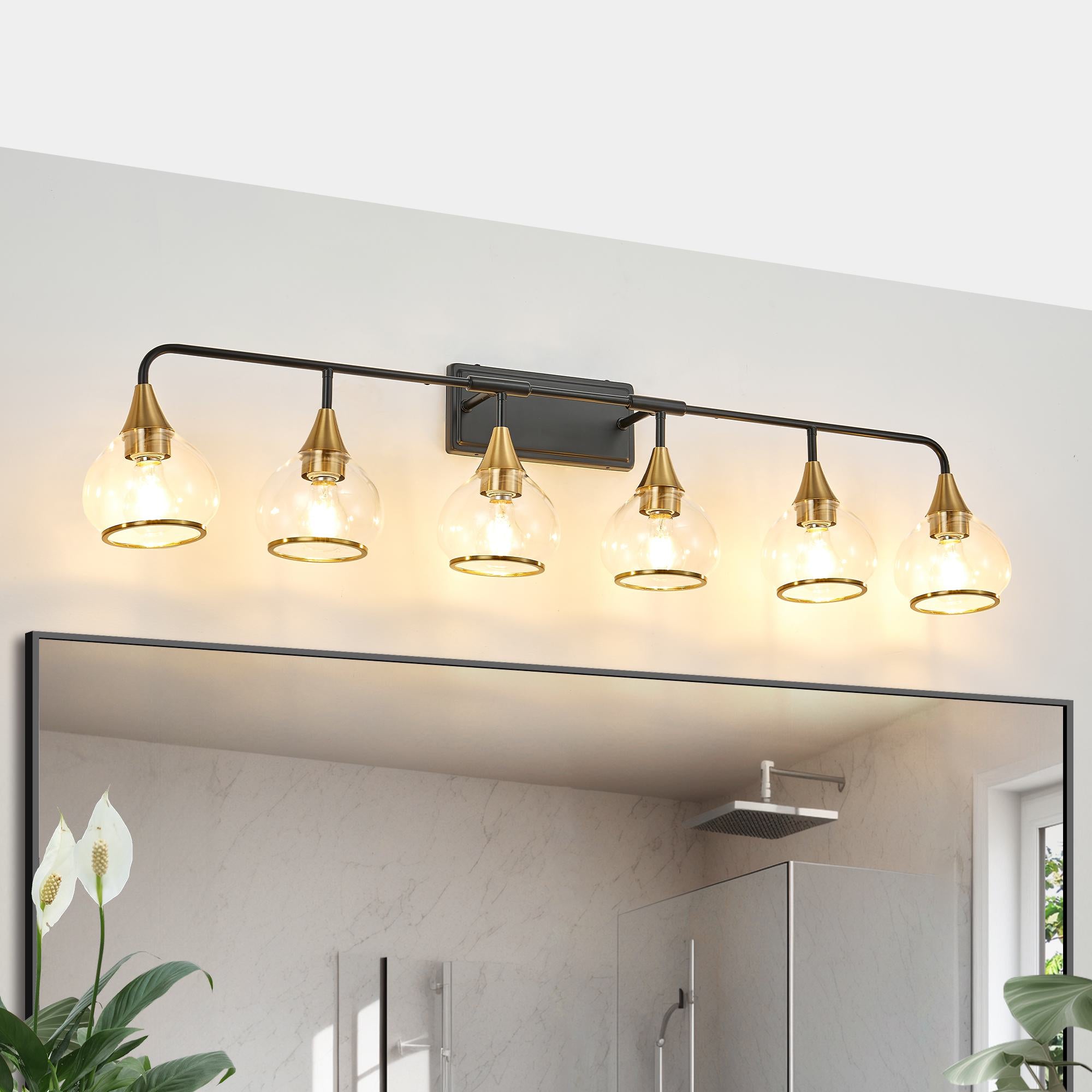 48" Modern 6-Light Vanity Wall Sconce with Clear Glass Shades, Wall Mounted Lamp for Bathroom, Living Room, 48" L x 8" W x 11" H, Black+Gold