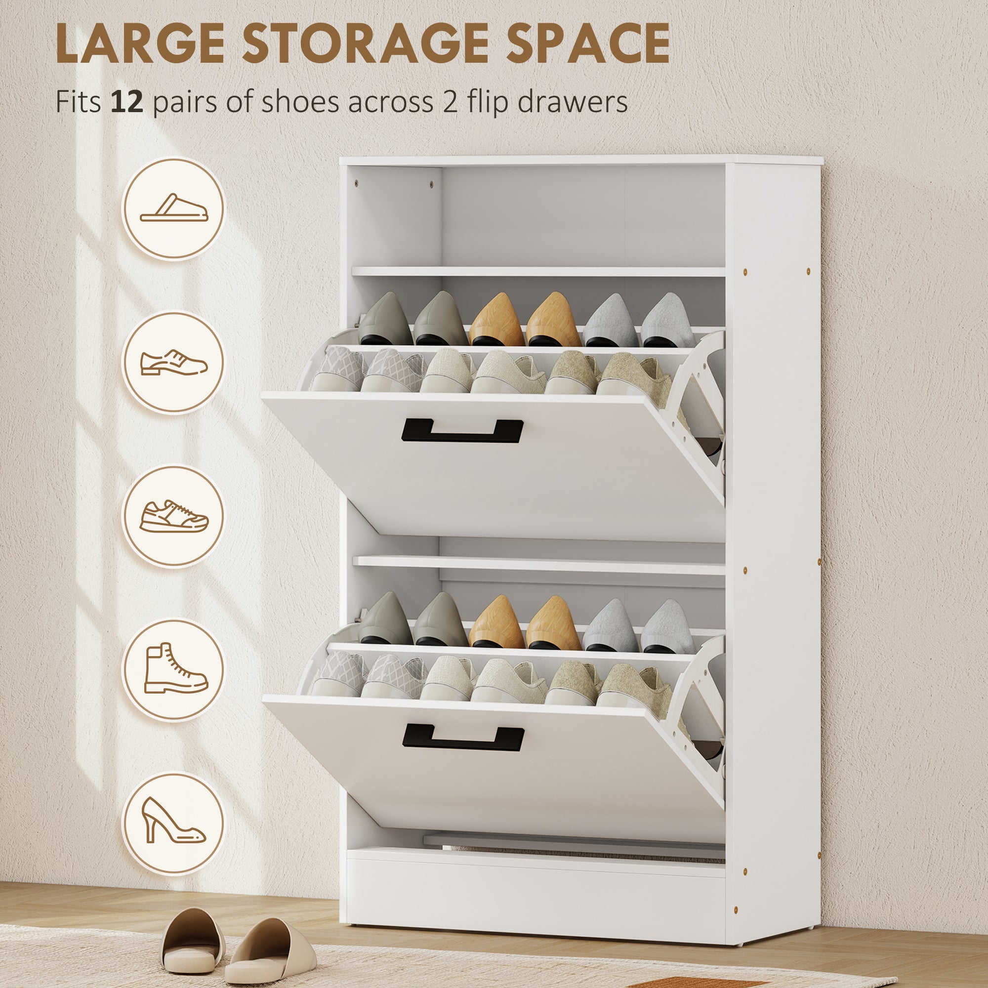 Shoe Cabinet 2 Flip Drawers Adjustable Dividers Shoe Storage Cabinet Top Shelf Entryway White