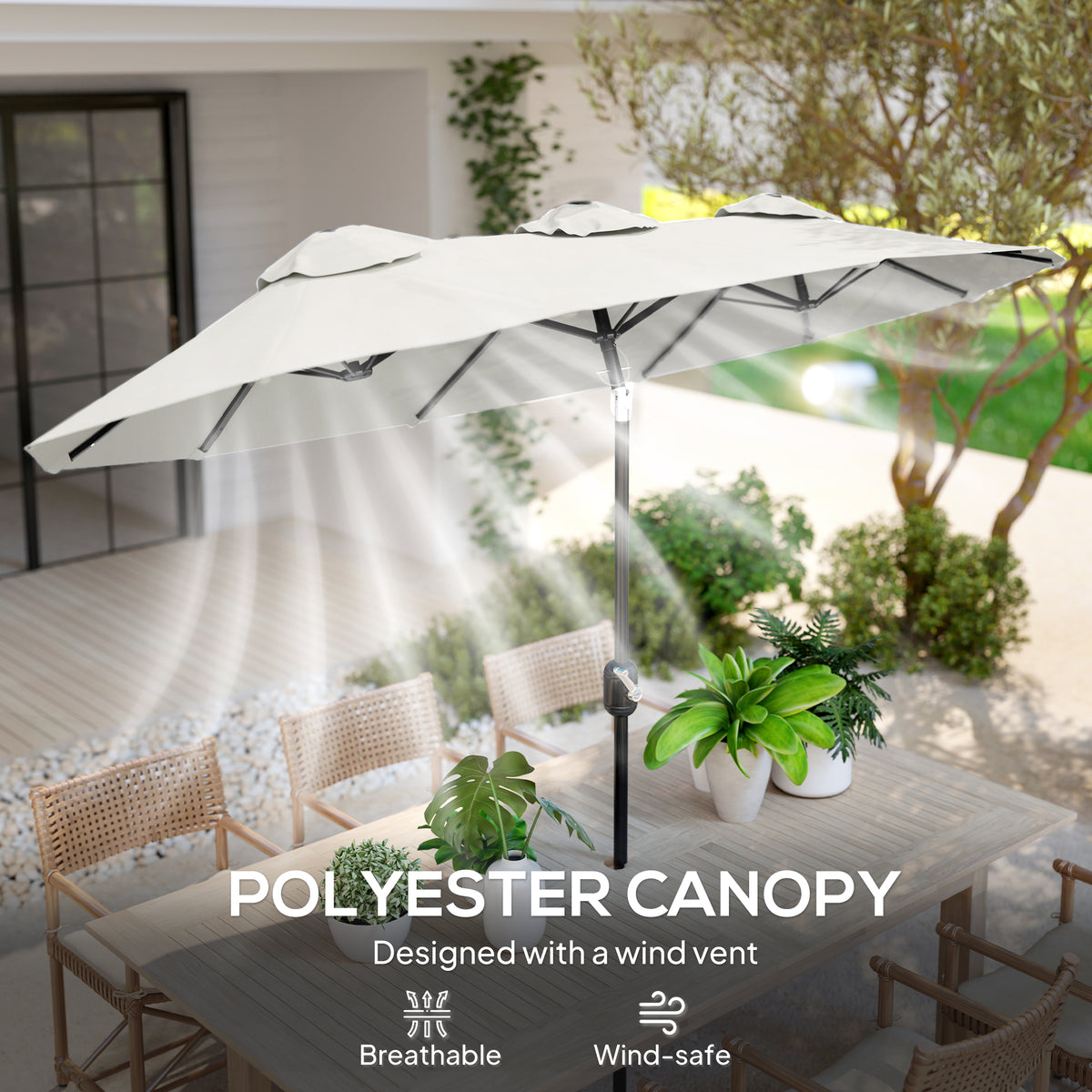 Double Sided Patio Umbrella, 9.7' Large Outdoor Market Umbrella with Push Button Tilt and Crank, 3 Air Vents and 12 Ribs, for Garden, Deck, Pool, White