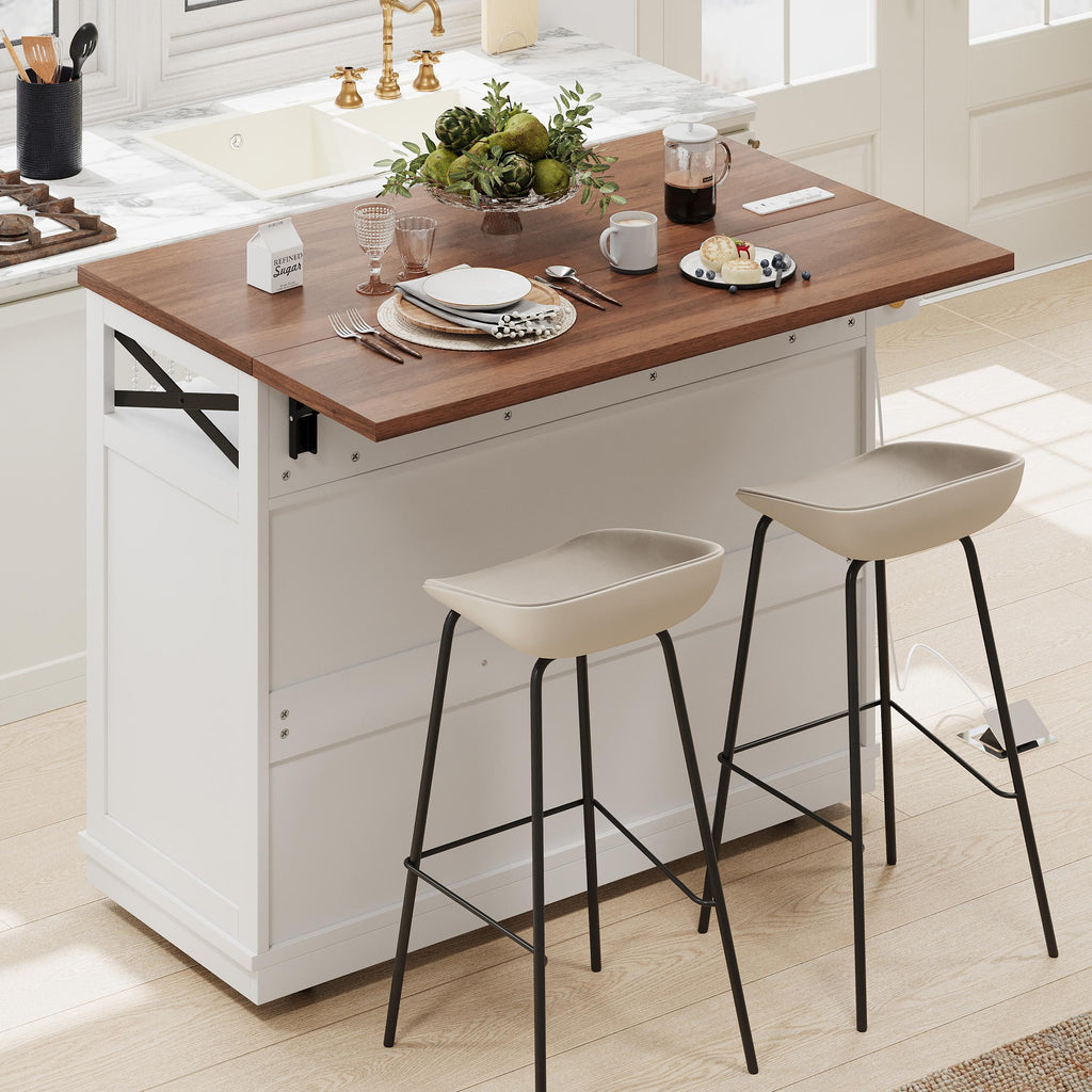 Farmhouse Kitchen Island Cart with Beaded Drape, Power Outlet, Drop Leaf, Rolling Wheels, 3 Doors, 3 Drawers, Adjustable Shelves, White