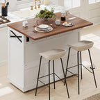 Farmhouse Kitchen Island Cart with Beaded Drape, Power Outlet, Drop Leaf, Rolling Wheels, 3 Doors, 3 Drawers, Adjustable Shelves, White
