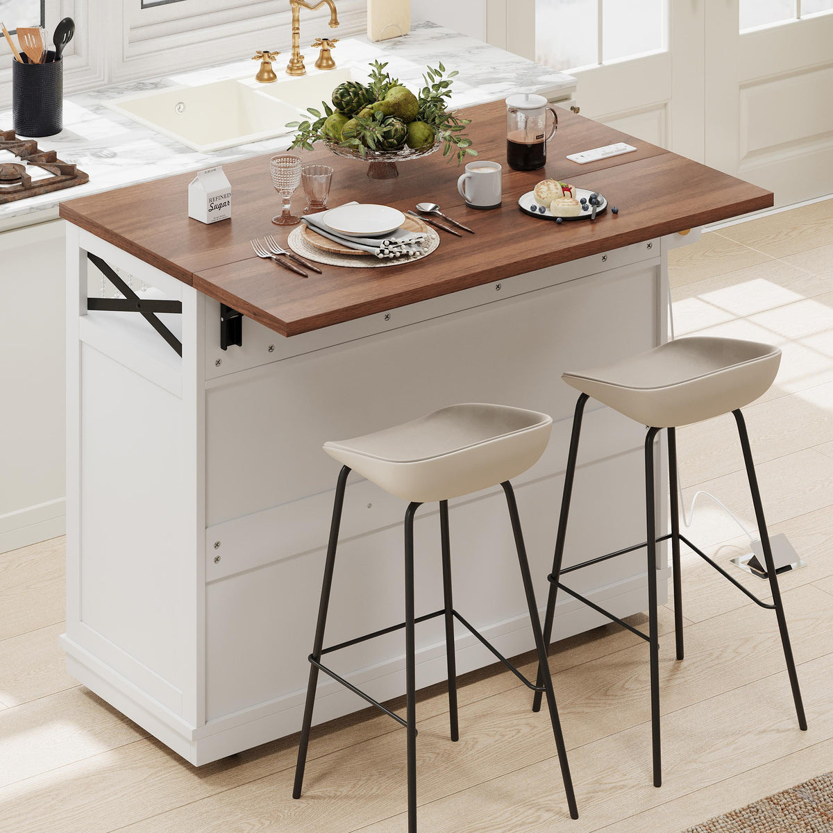 Farmhouse Kitchen Island Cart with Beaded Drape, Power Outlet, Drop Leaf, Rolling Wheels, 3 Doors, 3 Drawers, Adjustable Shelves, White