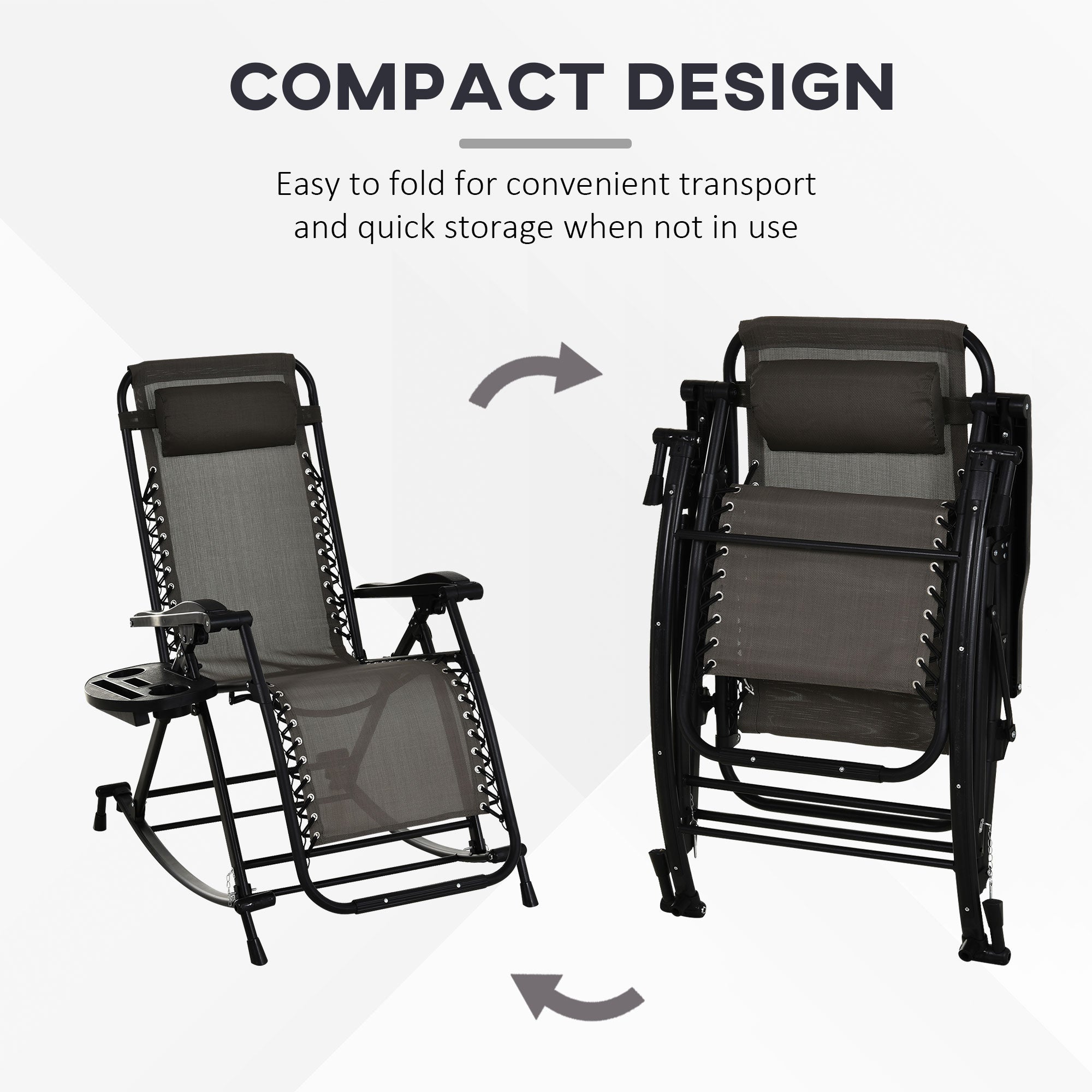 Outdoor Rocking Chairs, Foldable Reclining Zero Gravity Lounge Rocker with Pillow, Cup & Phone Holder, Combo Design with Folding Legs, Gray