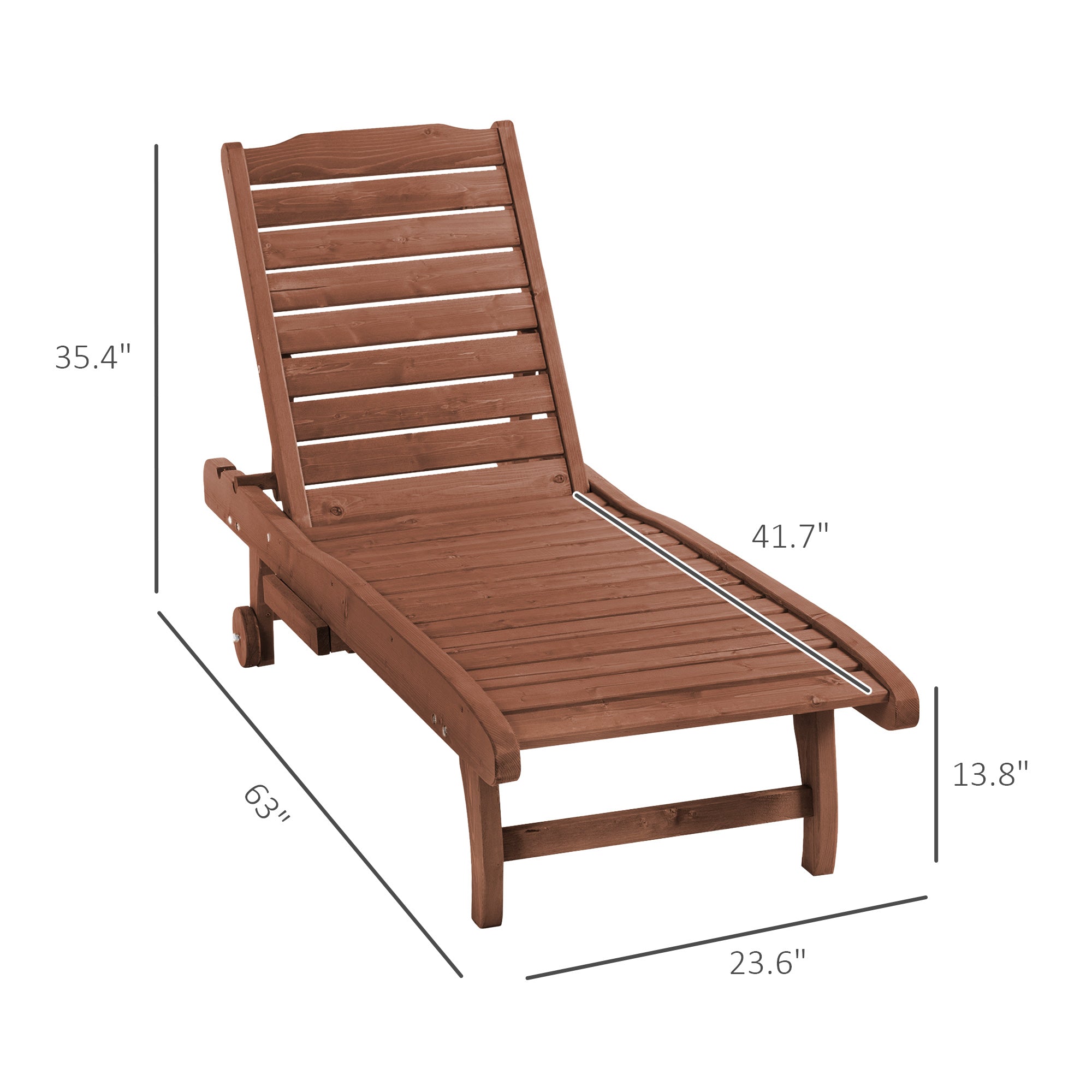 Chaise Lounge Chair Outdoor Wooden Pool Lounge Chair with 3-level Adjustable Backrest, Built-In Table and Rolling Wheels, Sun Tanning Chair for Beach Poolside Sunbathing, Brown Red