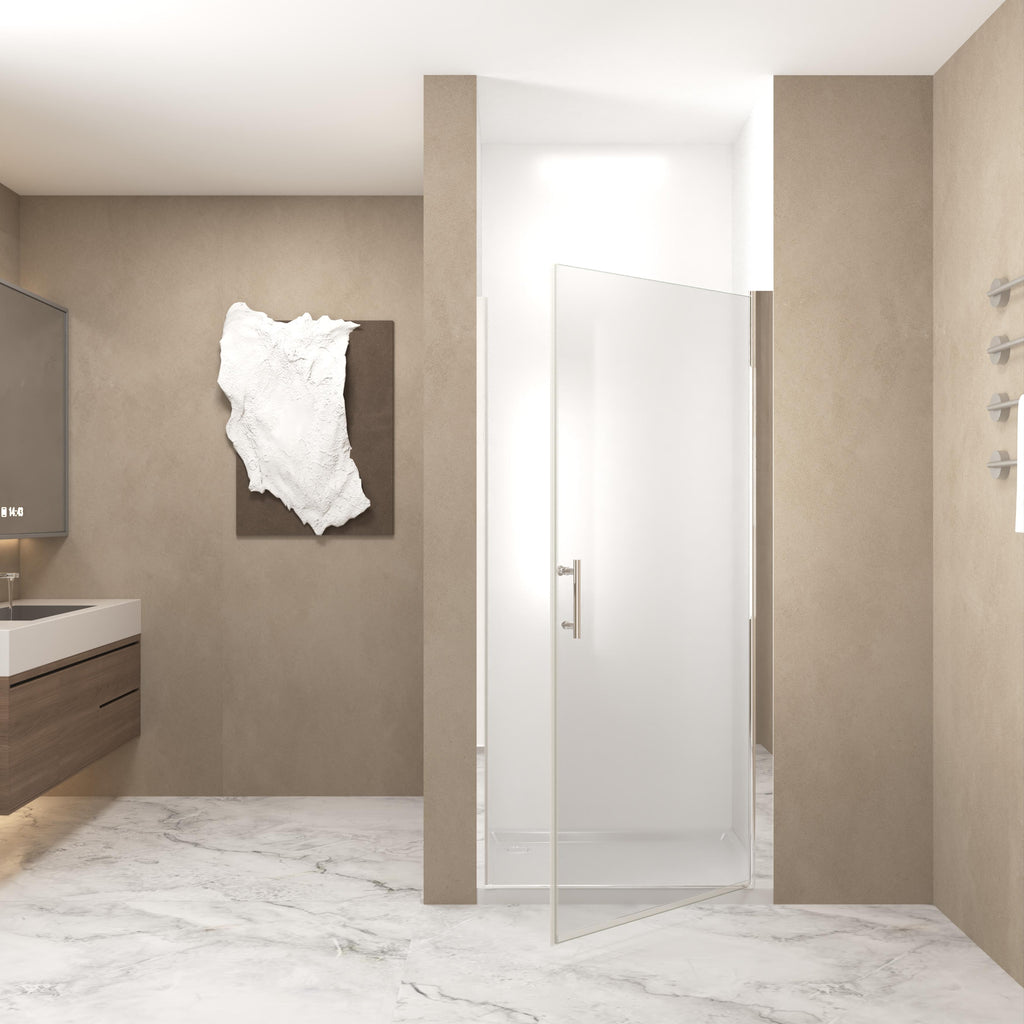 28" Pivot Shower Door with Safety Film and Tempered Glass, Bathroom Door with Stainless Steel Handle, 28" L x 0.5" W x 72" H, Brushed Nickel