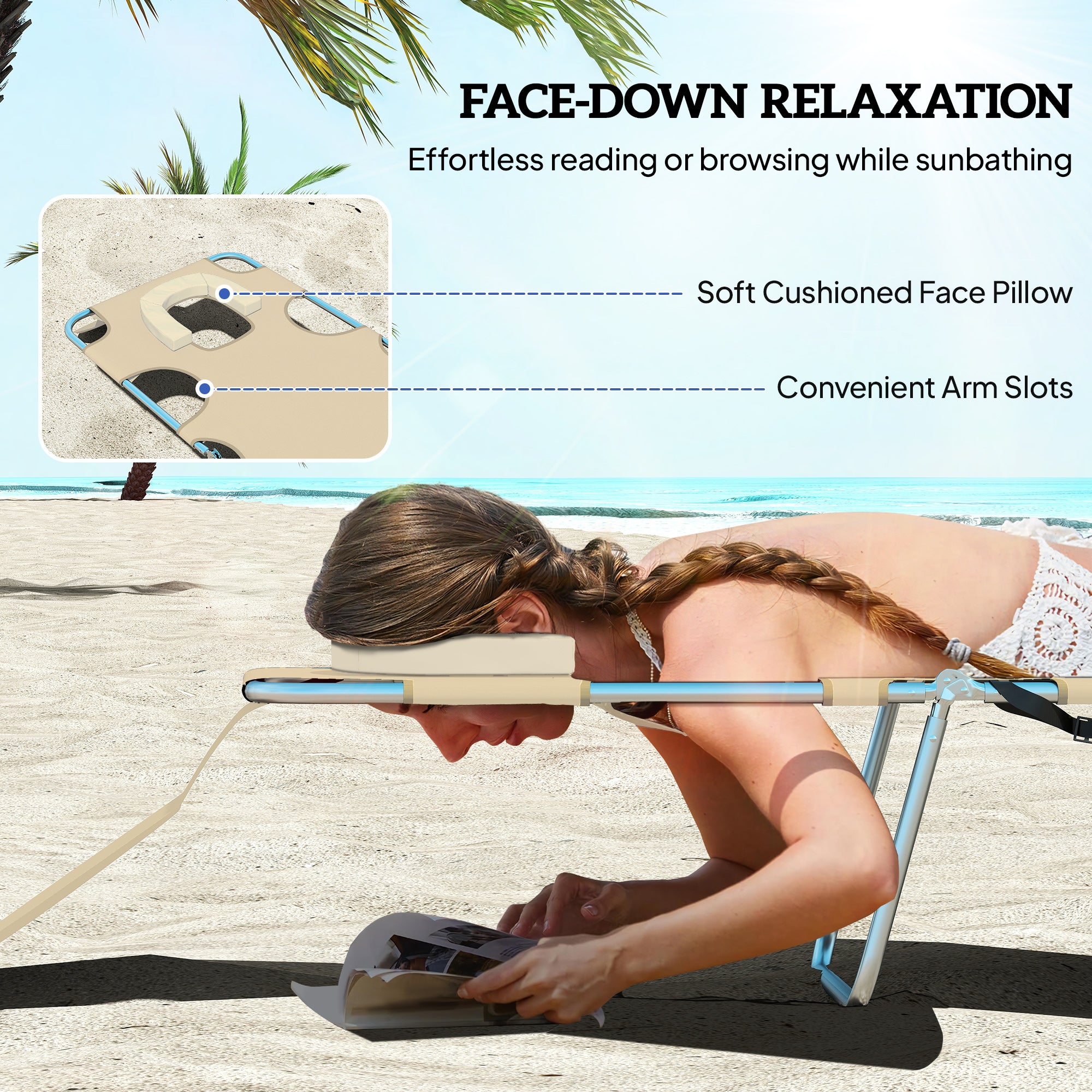 Tanning Chair with Face Hole, 5-Level Adjustable Outdoor Chaise Lounge Chair with Pillow for Beach, Pool, Beige