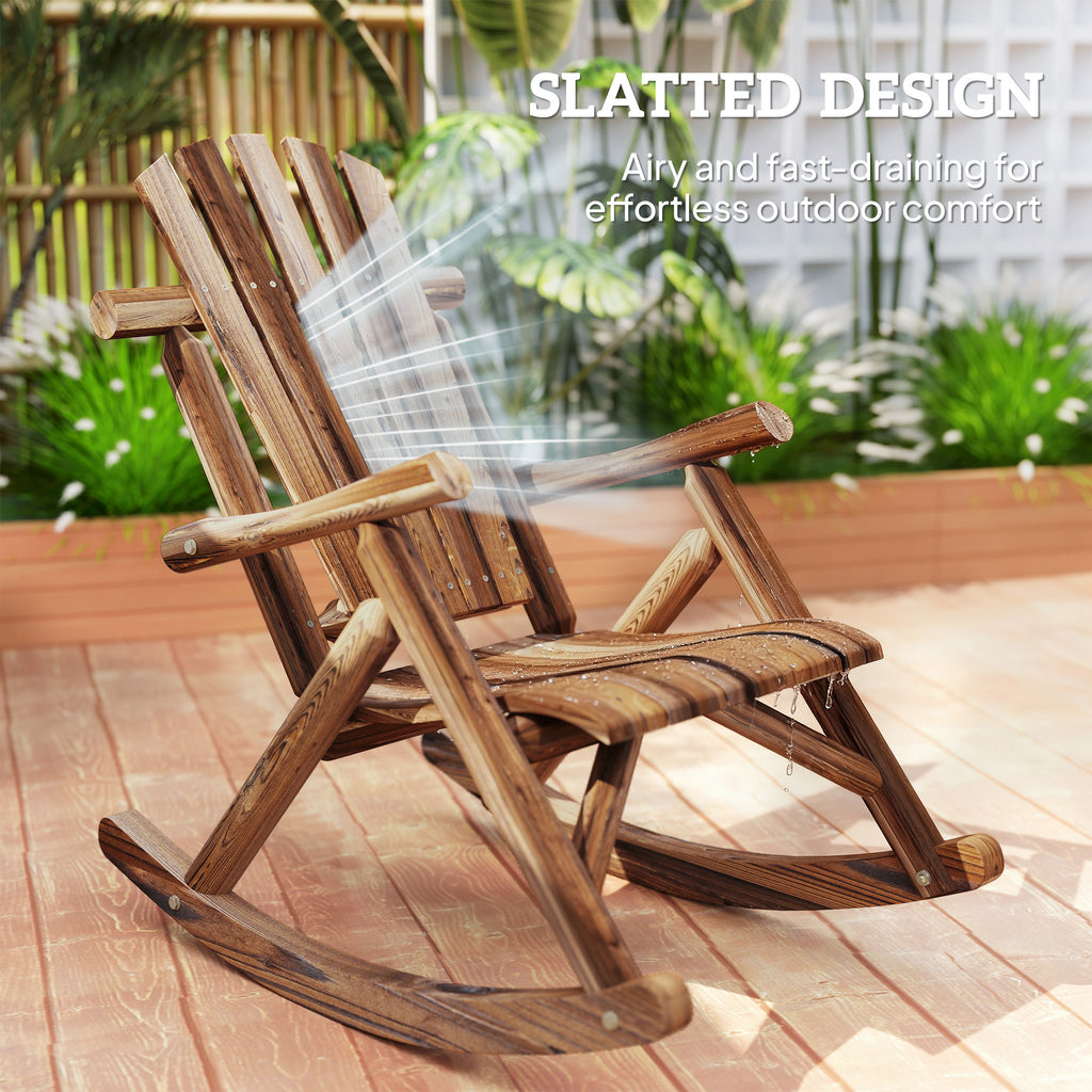 Outdoor Wooden Rocking Chair, Single-Person Adirondack Rocking Patio Chair with Rustic High Back, Slatted Seat and Backrest for Indoor, Backyard, Garden, Carbonized