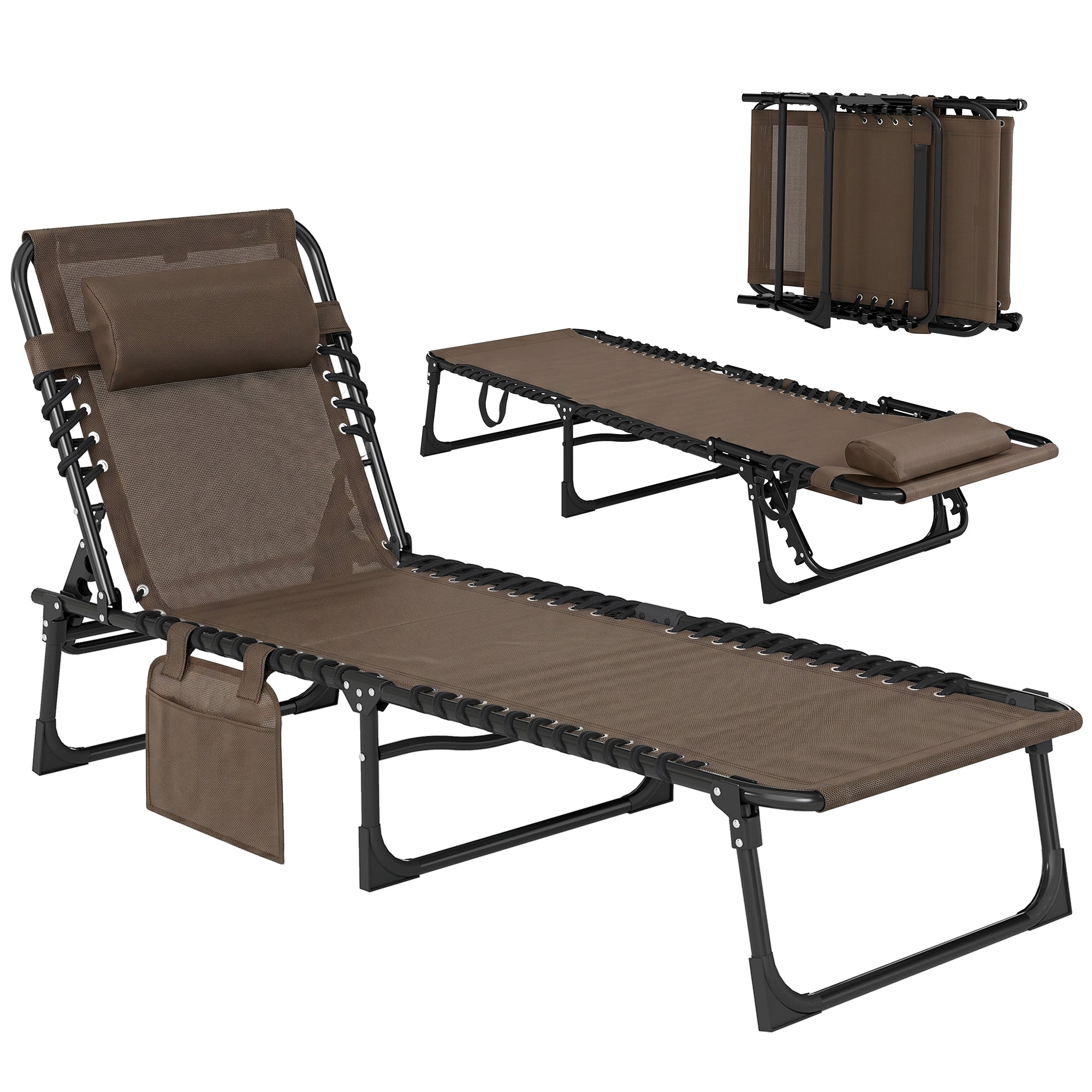 Folding Chaise Lounge Chair Outdoor, Sun Tanning Chair with Side Pocket, Carrying Strap, Portable Patio Beach Lounger with 5-Position Reclining Back, Headrest for Pool, Camping, Yard, Brown