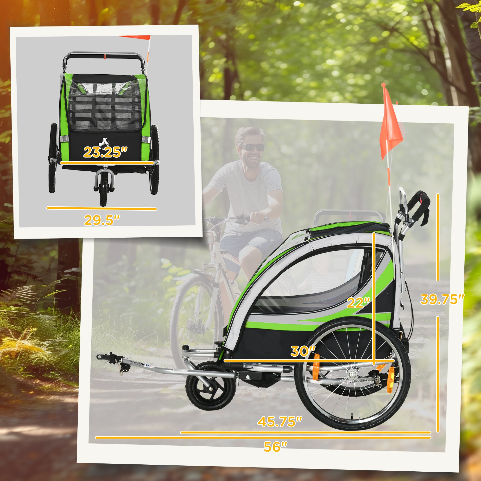 2-in-1 Walk/Ride Child Baby Bike Trailer for Kids 2 Seater, High-Visibility Bike Stroller for Toddler Wagon, Weather-Strong Double Bicycle Trailer Accessory, Green