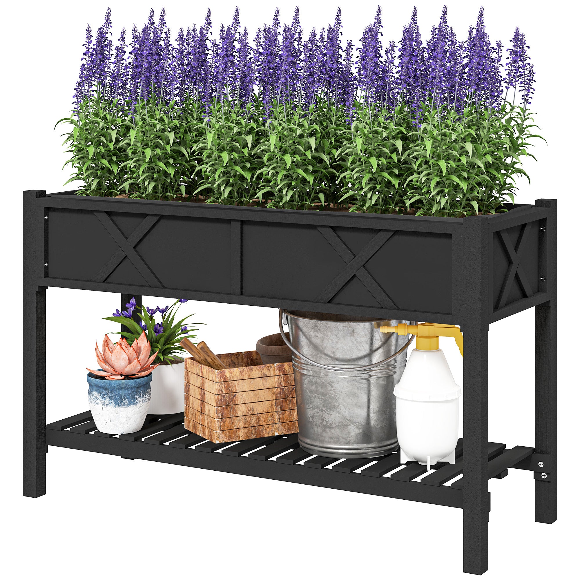 Raised Garden Bed, 47 x 22 x 31.5 in. Elevated Wood Planter Box with Storage Shelf, Drainage Holes, and Liner, Black