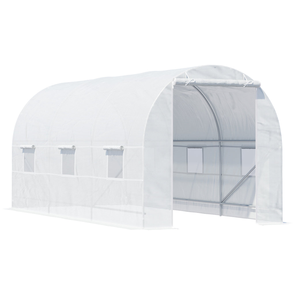 15' x 7' x 7' Walk-In Tunnel Greenhouse, Large Garden Hot House Kit with 6 Roll-up Windows & Roll Up Door, Steel Frame, White