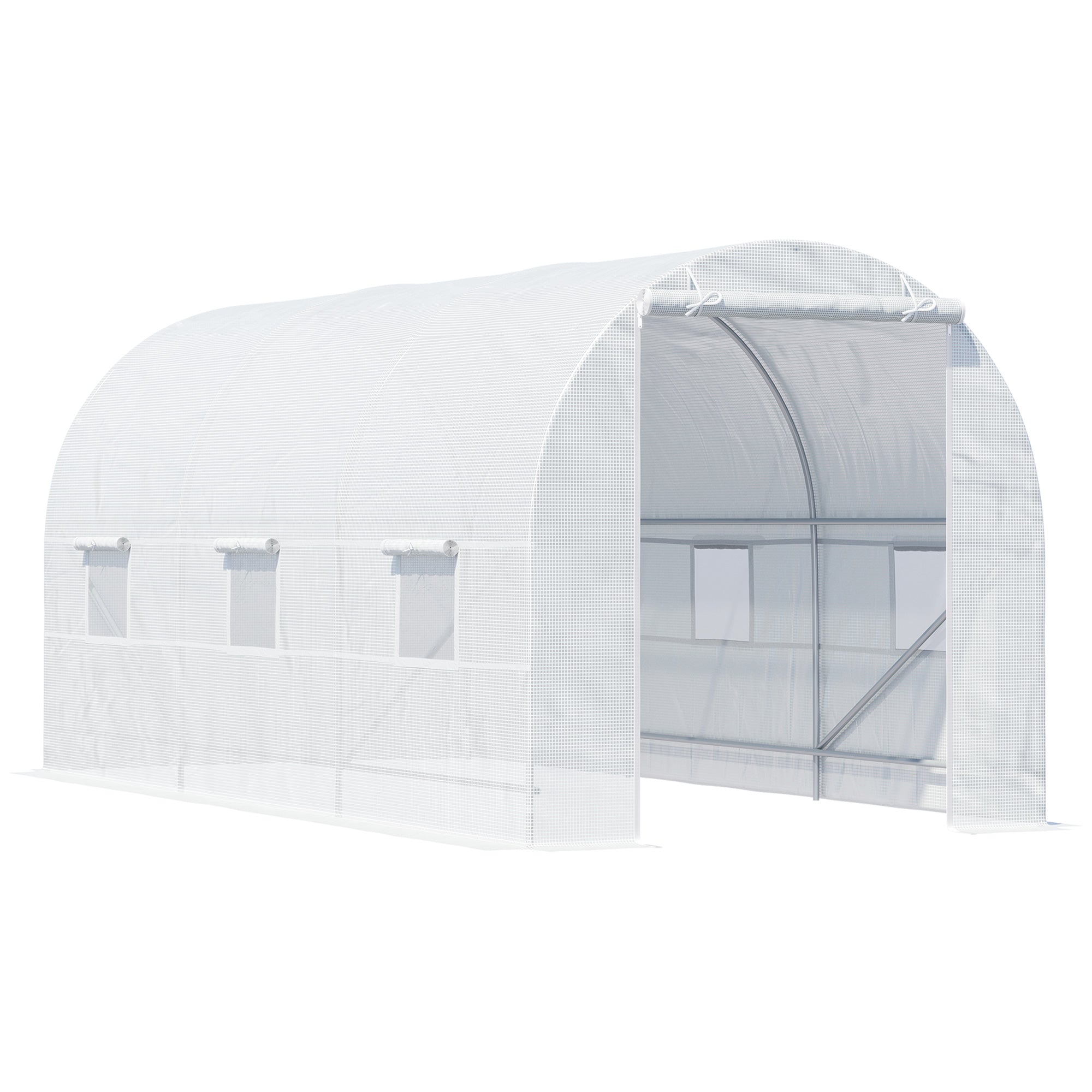 15' x 7' x 7' Walk-In Tunnel Greenhouse, Large Garden Hot House Kit with 6 Roll-up Windows & Roll Up Door, Steel Frame, White