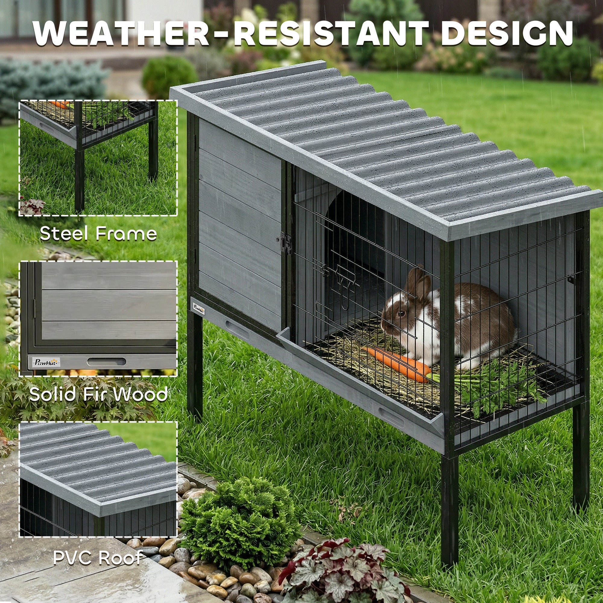 Elevated Rabbit Hutch Outdoor, Wooden Rabbit Cage Bunny House with Pull-out Tray and Openable Plastic Roof