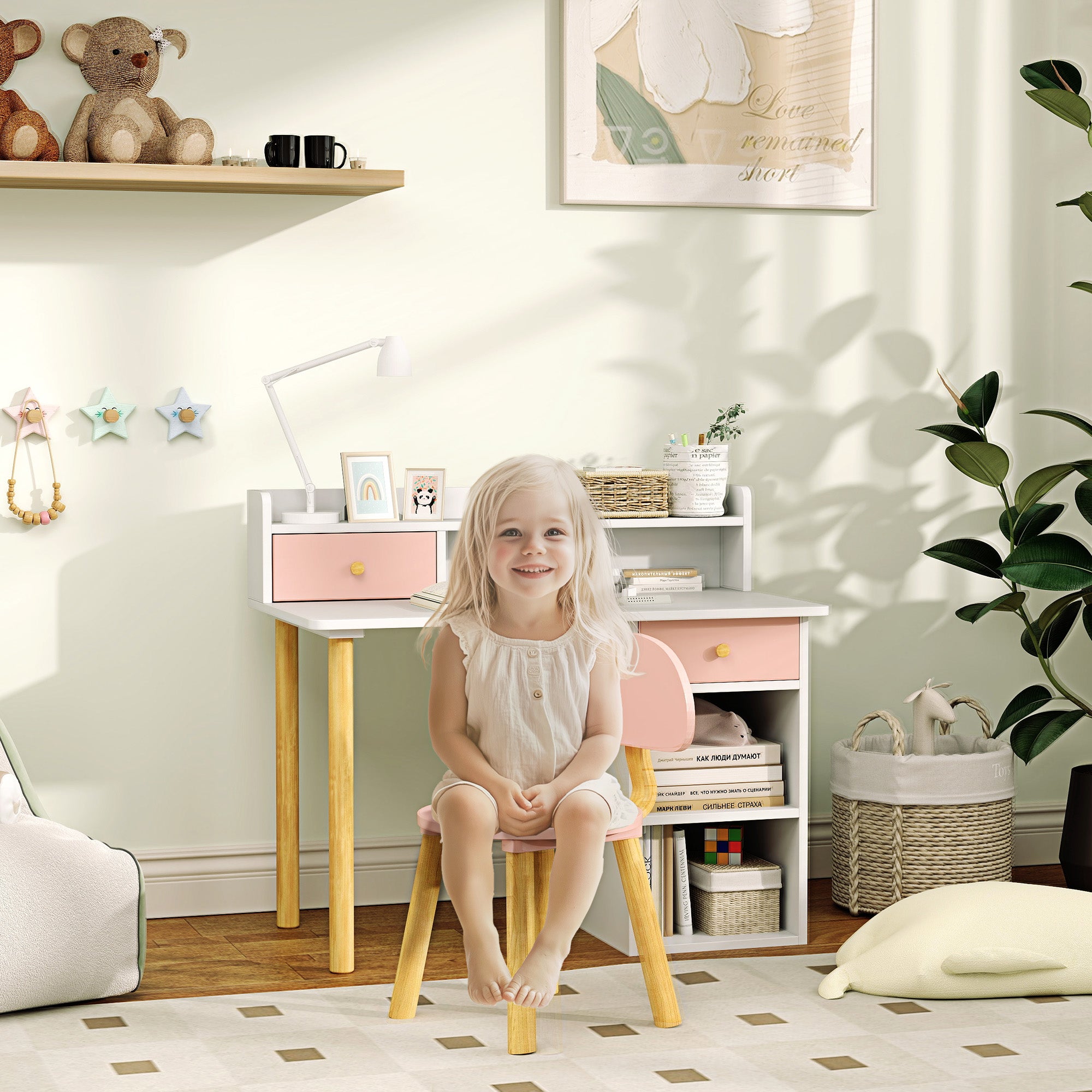 Kids Study Desk with Storage, Kids Desk and Chair Set for Bedroom & Study Room, Girls Boys Aged 3-8 Years, Pink