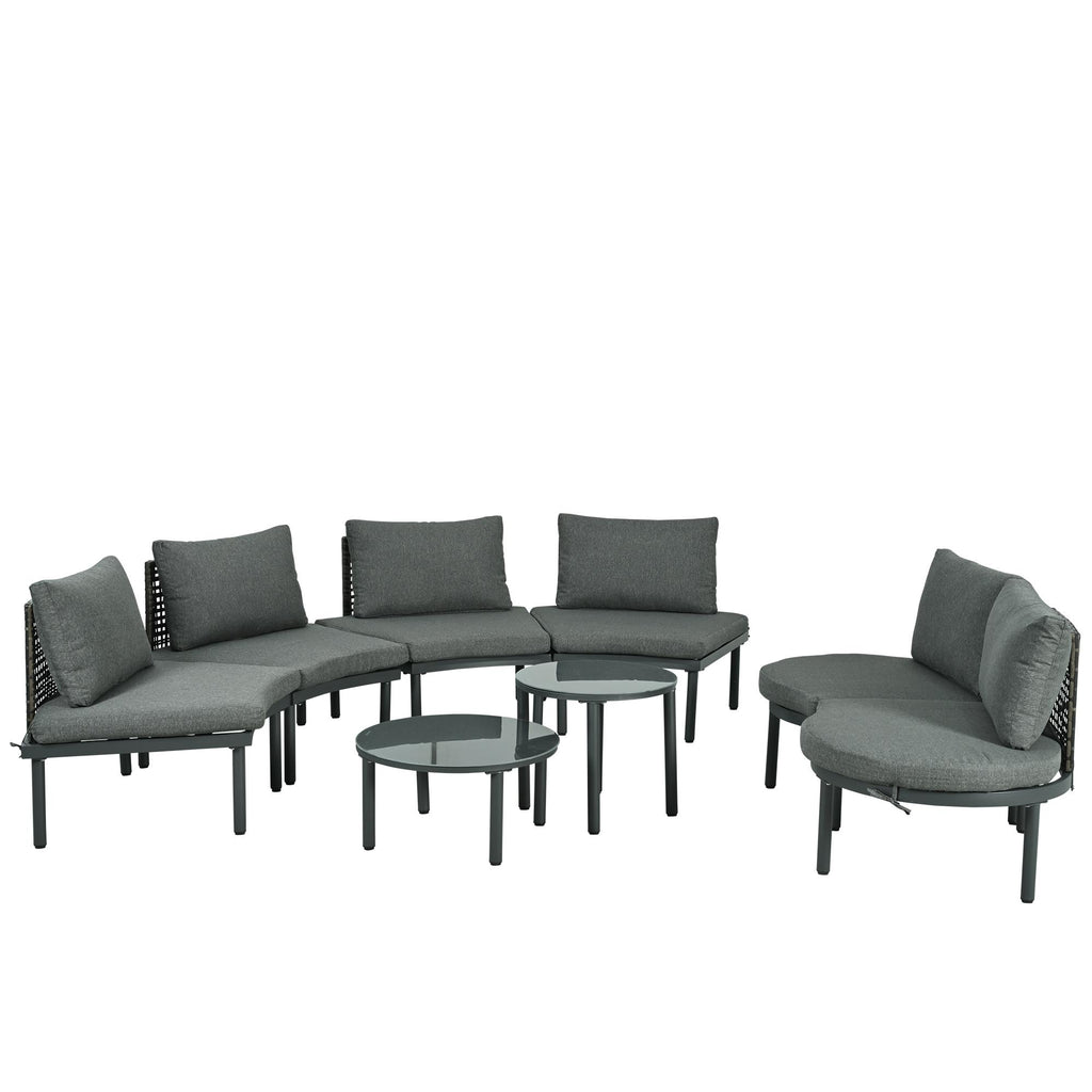 8-Piece Half Moon Sectional Sofa with 2 Coffee Table & Cushion, PE Wicker Patio Furniture for Backyard, 34.5'' L x 25.5'' W x 12.5'' H, Gray