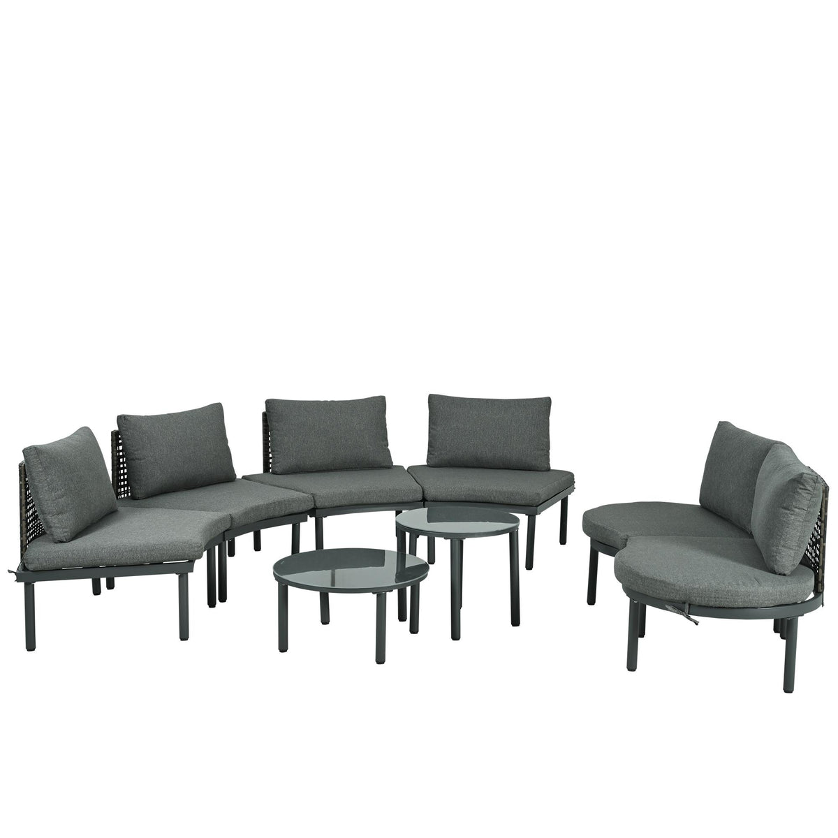 8-Piece Half Moon Sectional Sofa with 2 Coffee Table & Cushion, PE Wicker Patio Furniture for Backyard, 34.5'' L x 25.5'' W x 12.5'' H, Gray