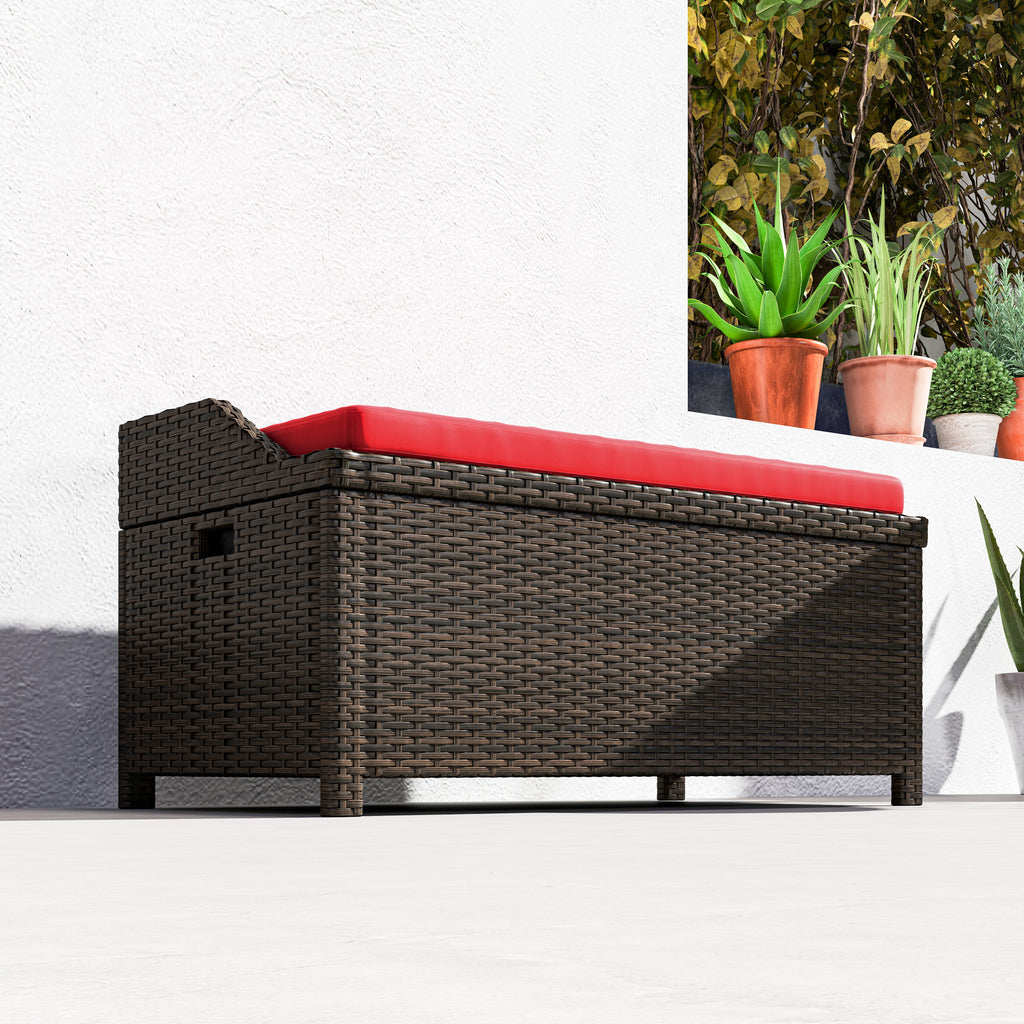 Outdoor Wicker Storage Bench with Storage & Cushion, Red