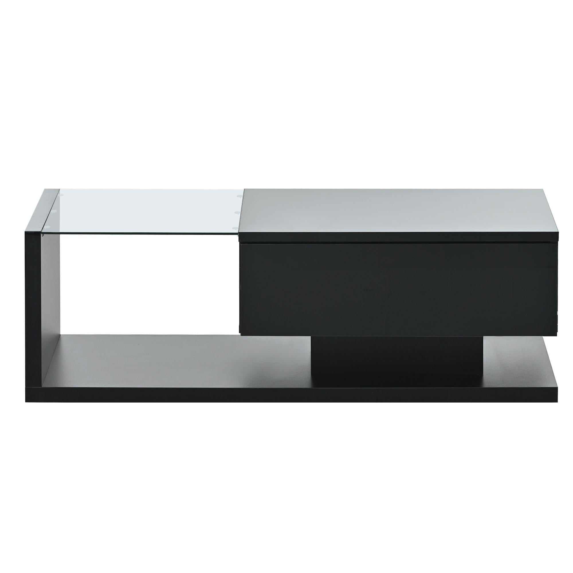 Modern Coffee Table with Tempered Glass, Wooden Cocktail Table with High-Gloss UV Surface, 2-Tier Rectangle Center Table for Living Room, Black