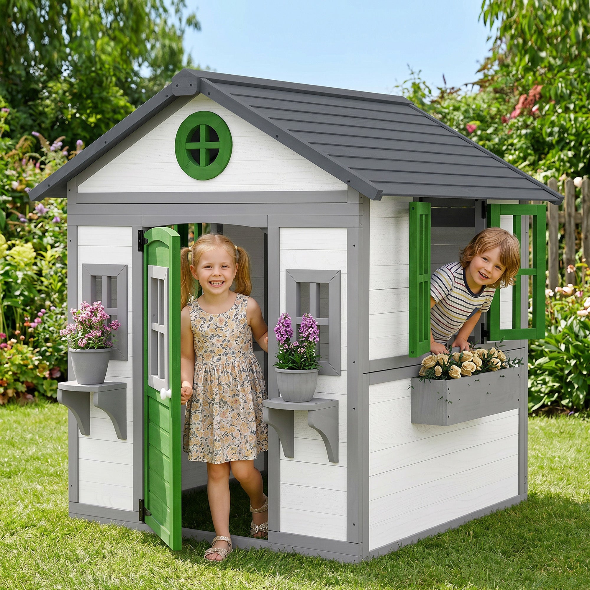 Wooden Playhouse for Kids Outdoor with Doors, Windows, Planter Pots and Boxes for Toddlers 3-8 Years, White