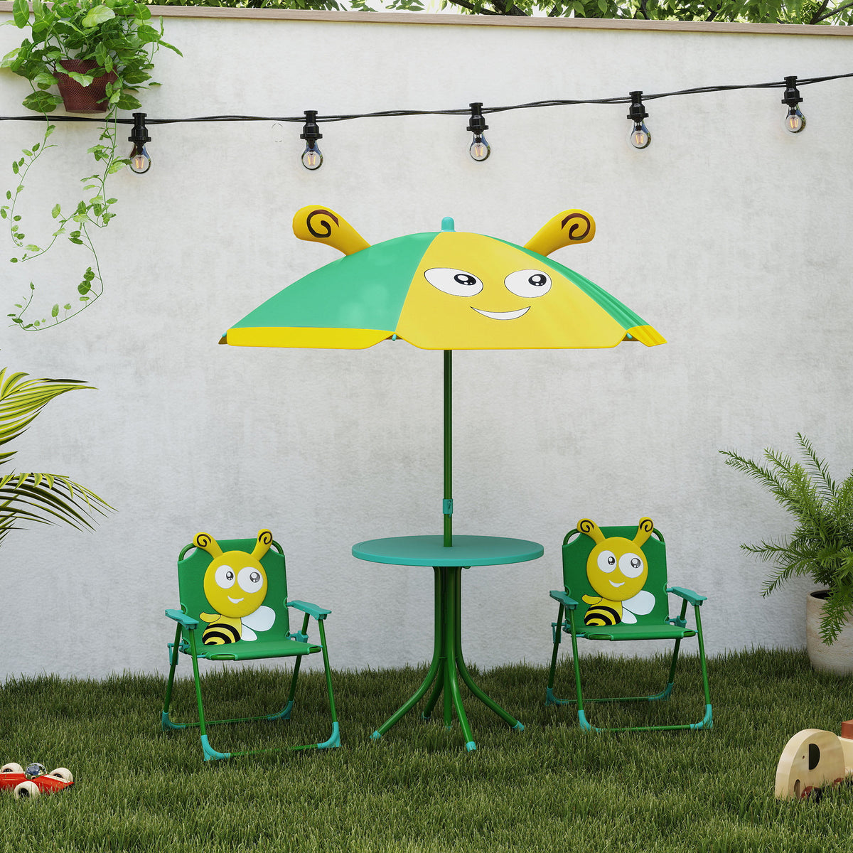 Kids Picnic Table and Chair Set, Outdoor Activity Table with Foldable Chairs, Height Adjustable Umbrella, Green