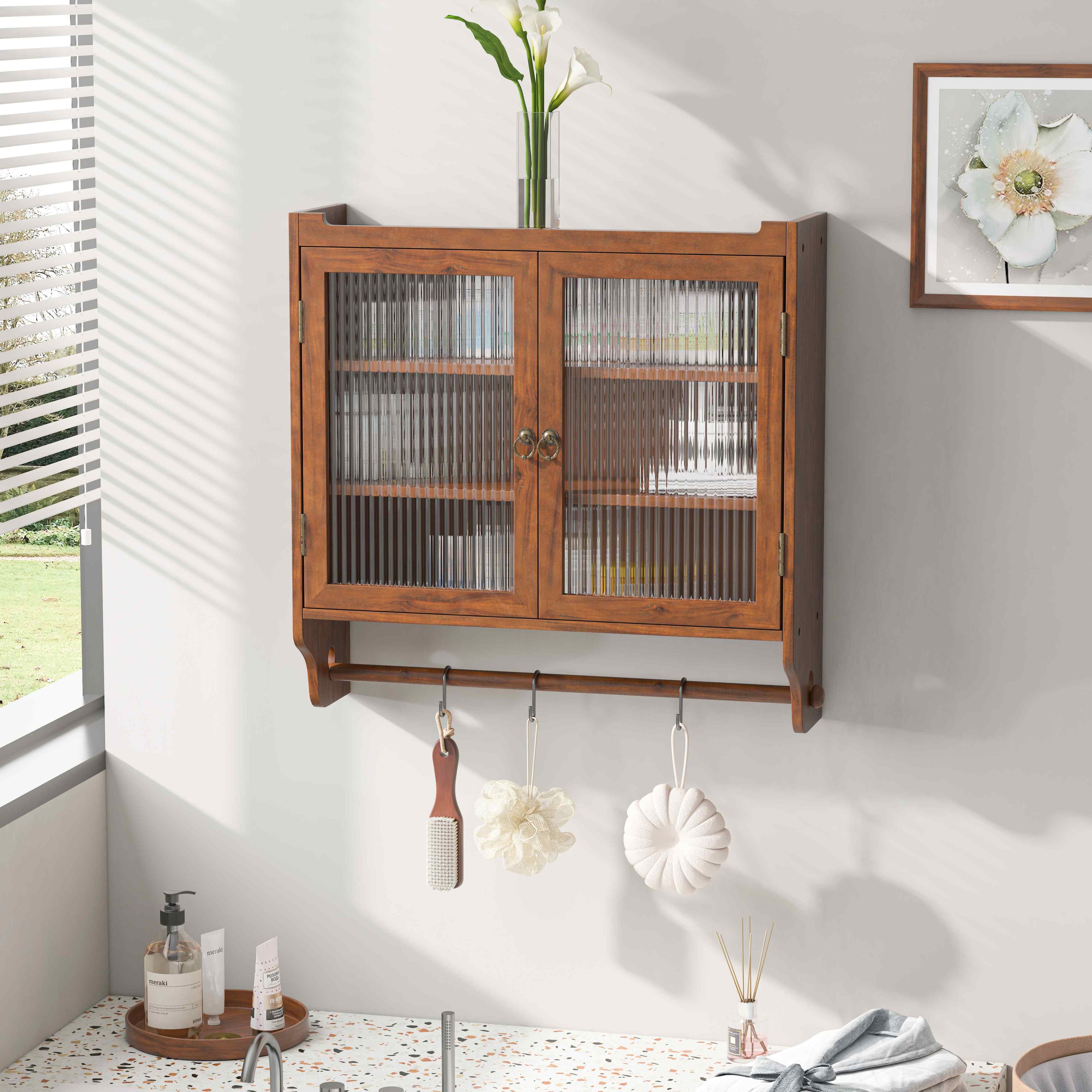 Vintage Double Door Wall Cabinet with Glass Doors, Three Tiers of Storage, and Towel Rack for Bathroom, Kitchen, Dining Room, 24.8", Brown