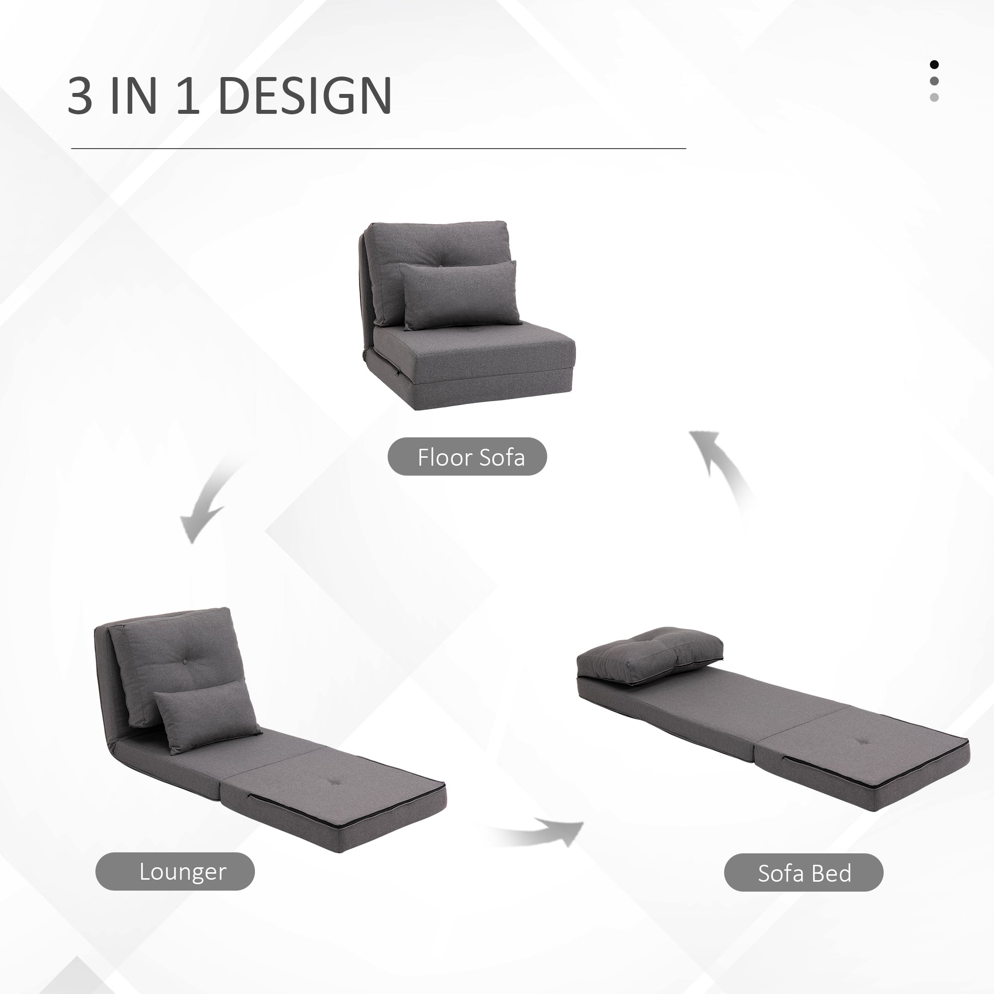 Convertible Flip Chair, Floor Lazy Sofa, Folding Upholstered Couch Bed with Adjustable Backrest, Metal Frame and Pillows for Living Room Bedroom, Dark Gray