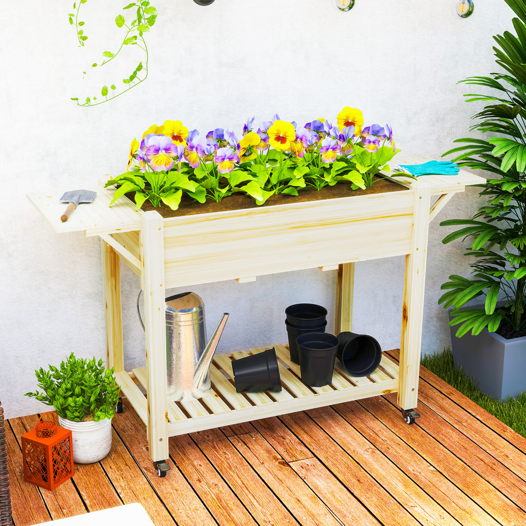 Wood Raised Planter Box, Elevated Garden Bed with Lockable Wheels, Side Tables, Bottom Shelf, Drain Holes, Natural