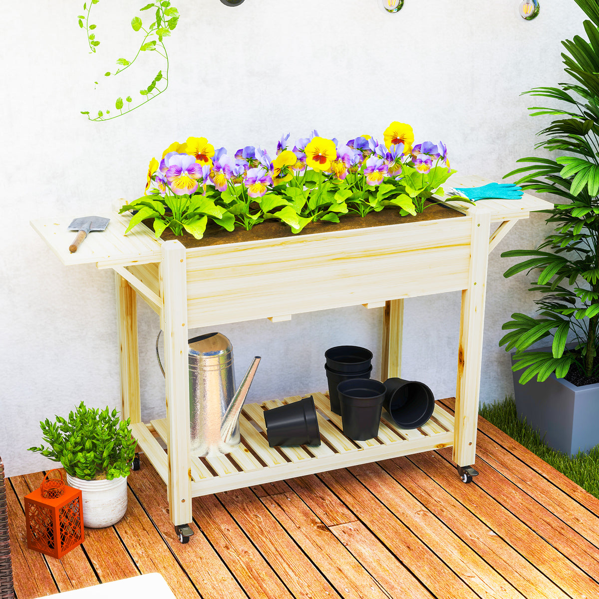 Wood Raised Planter Box, Elevated Garden Bed with Lockable Wheels, Side Tables, Bottom Shelf, Drain Holes, Natural
