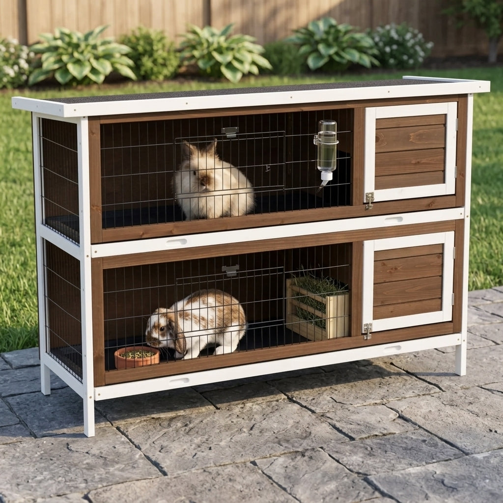 Wooden Rabbit Hutch w/ Dividers Asphalt Roof for Small Animals & Outdoors, Brown