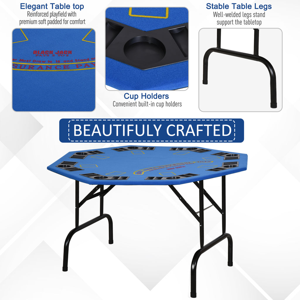 Poker Table Foldable, 47" Octagon Blackjack Poker Game Table for 8 Players with Cup Holders and Chips Tray, Blue Felt
