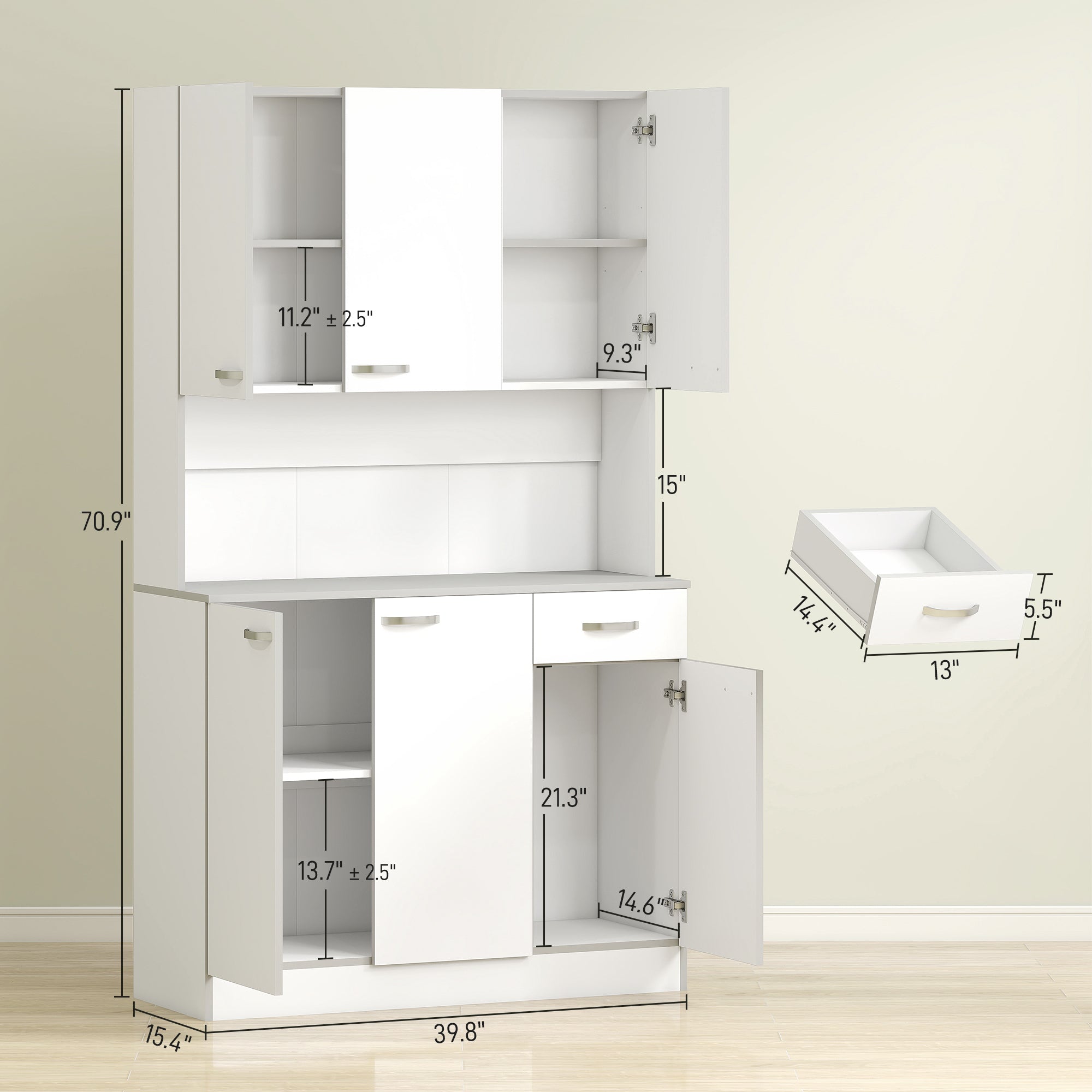 71" Kitchen Pantry Cabinet, Tall Storage Cabinet with Microwave Stand, Modern Kitchen Hutch with Countertop, 6 Doors, Storage Drawer, 3 Adjustable Shelves for Living Room, Dining Room, White