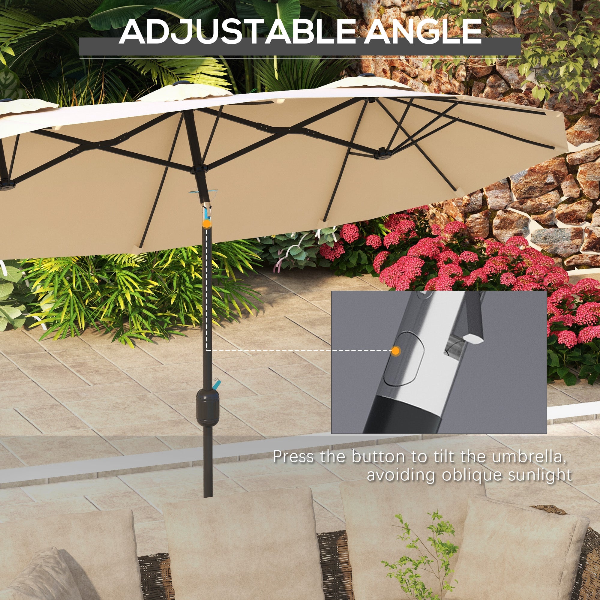 Double Sided Patio Umbrella, 9.7' Large Outdoor Market Umbrella with Push Button Tilt and Crank, 3 Air Vents and 12 Ribs, for Garden, Deck, Pool, Brown
