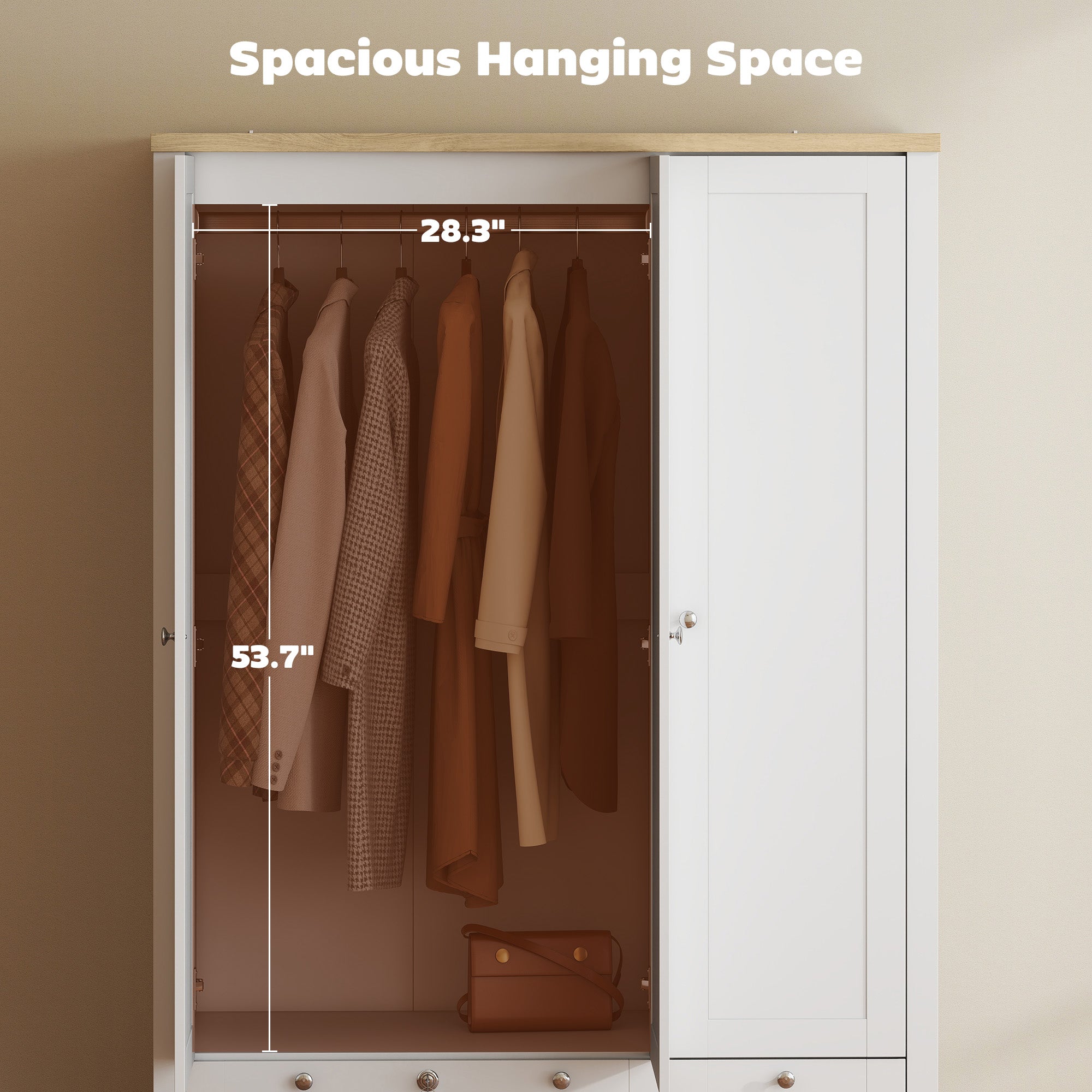 3 Doors Wardrobe Closet with 2 Drawers, Bedroom Armoire with Lockable Drawer, Hanging Rod and Storage Shelves, White