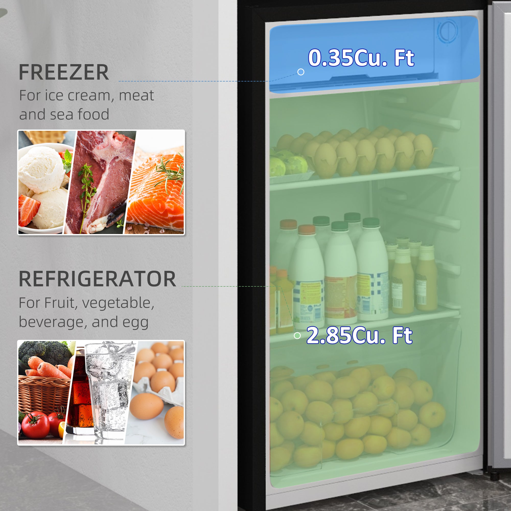 3.2 Cu.Ft Mini Fridge with Freezer, Compact Refrigerator with Adjustable Thermostat, Shelf and Single Reversible Door for Bedroom, Dorm, Home Office, Energy Efficient, Silver