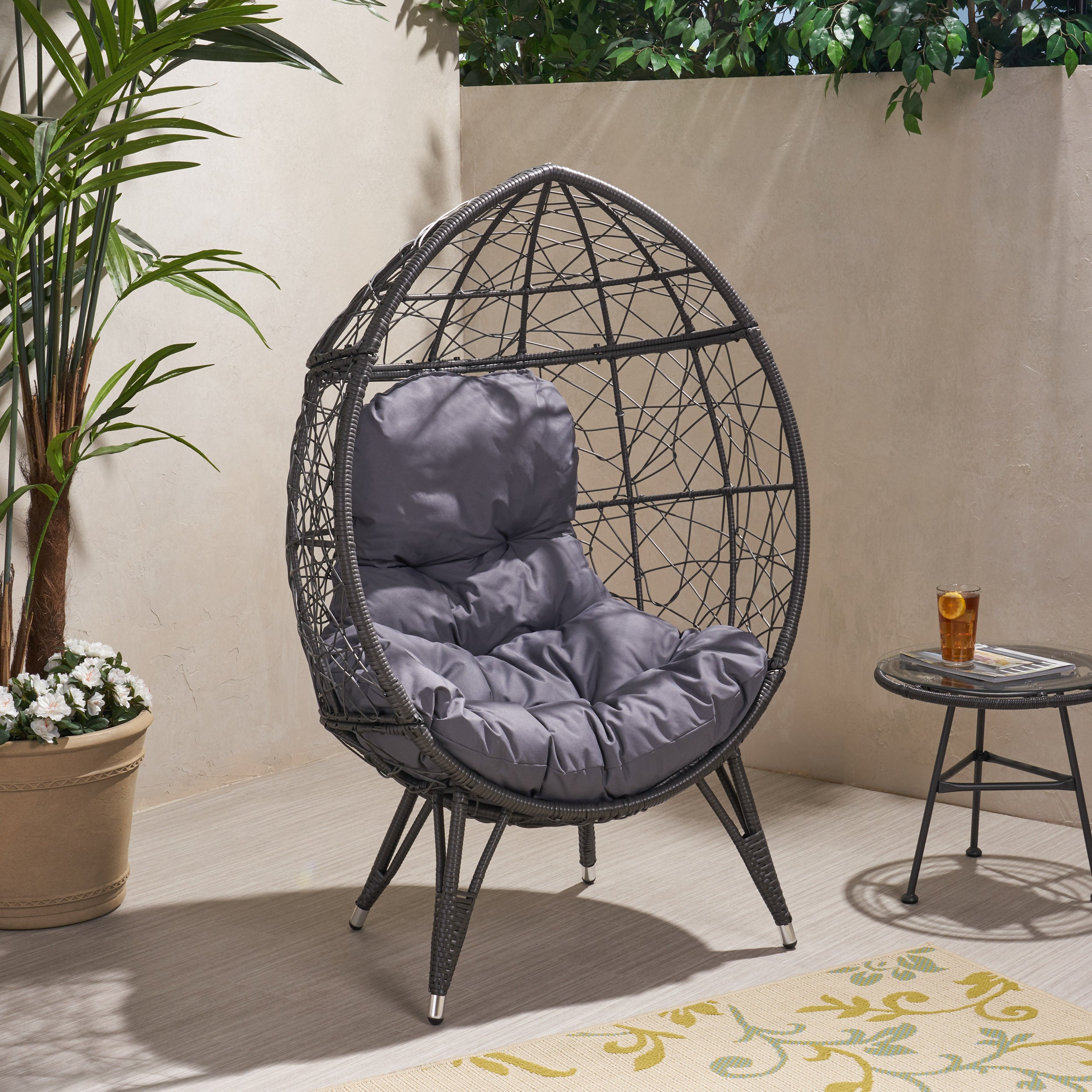 Outdoor Wicker Teardrop Chair with Water-Resistant Cushions, Faux Rattan Iron Frame, Handcrafted Detailing, 38.5" L x 30.75" W x 57.25" H, Gray