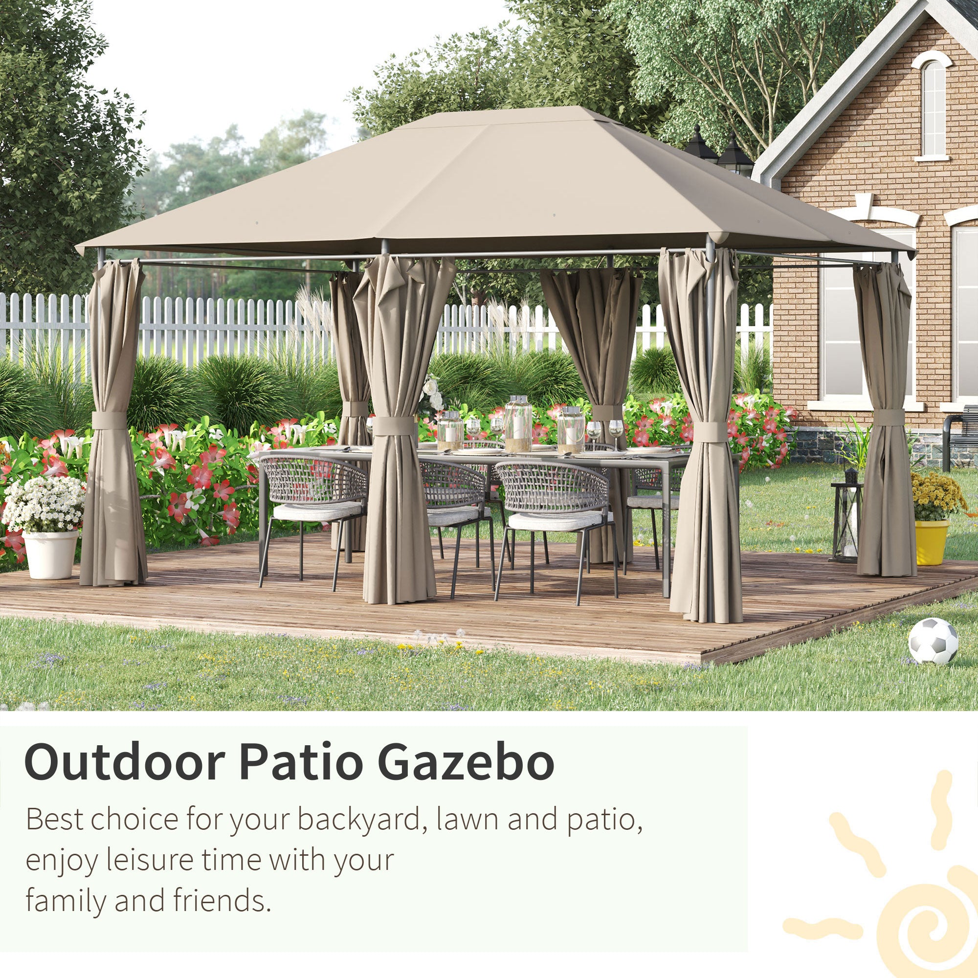 10' x 13' Outdoor Patio Gazebo Canopy Shelter with 6 Removable Sidewalls, & Steel Frame for Garden, Lawn, Backyard and Deck, Khaki