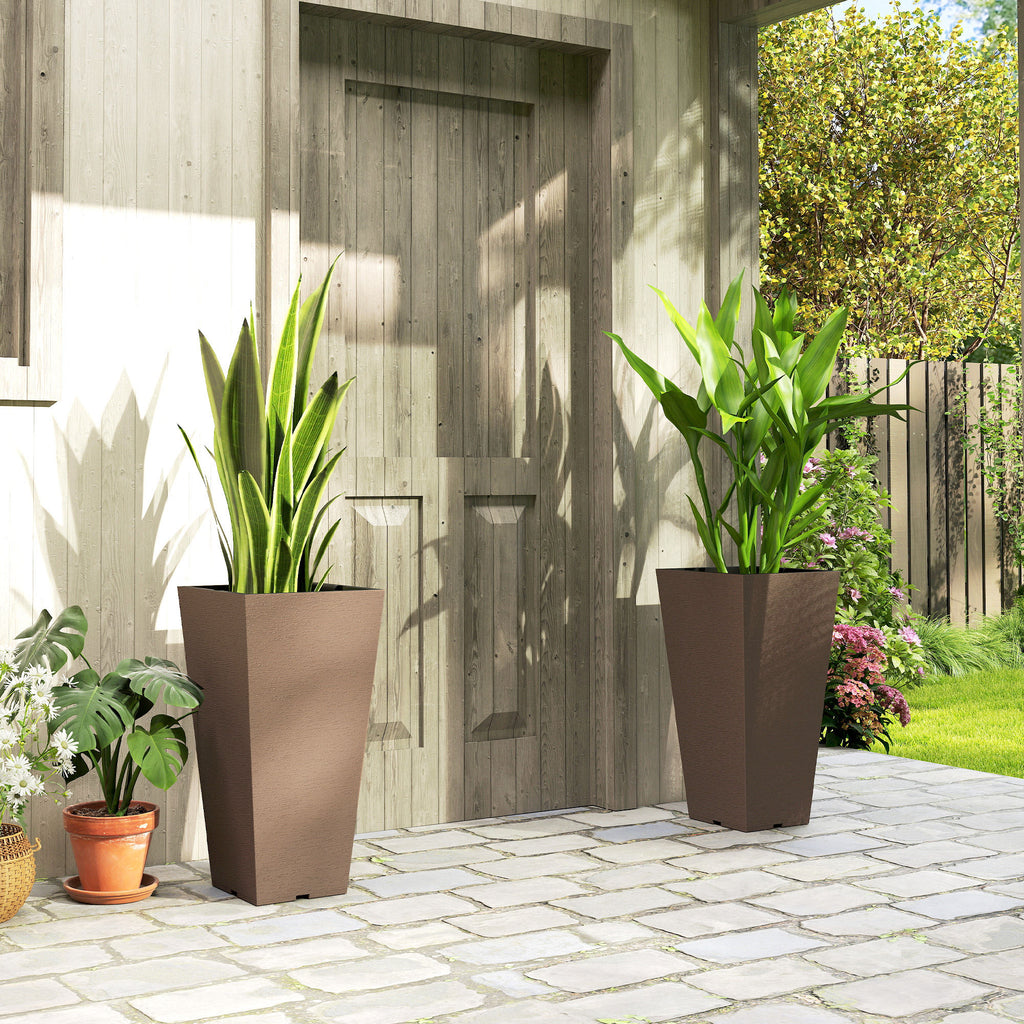 23 Inch Tall Planters for Outdoor Plants, Set of 2 Plastic Flower Pots, for Front Door Patio Garden Use, Brown