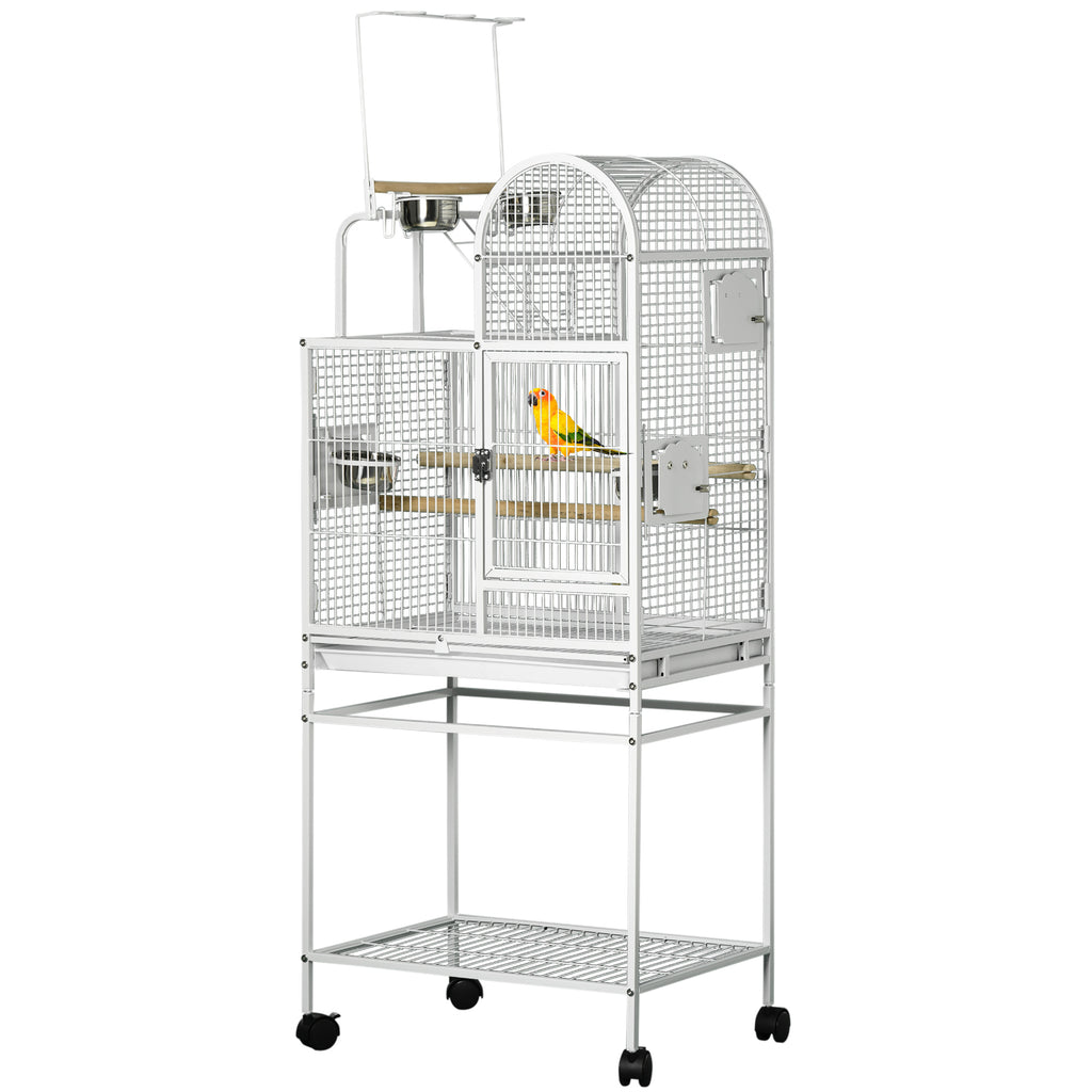 55" Large Parrot Cage with Toy Hooks Above Top Bird Perch, Tray, Food Cups, Rolling Stand, Bird Cage for Cockatiels, Parakeets, Lovebirds