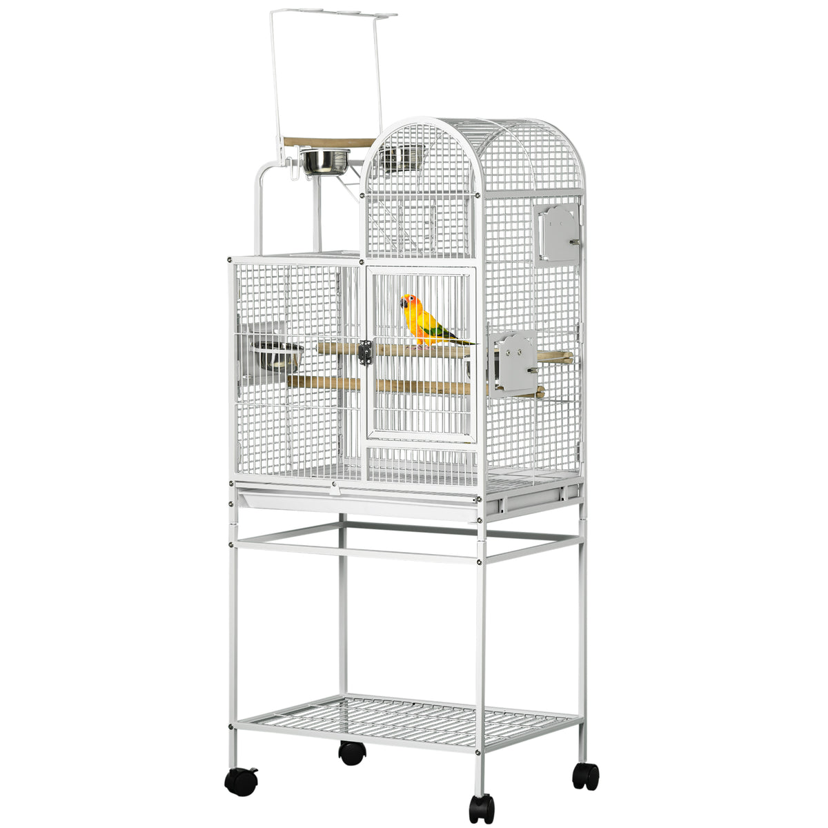 55" Large Parrot Cage with Toy Hooks Above Top Bird Perch, Tray, Food Cups, Rolling Stand, Bird Cage for Cockatiels, Parakeets, Lovebirds
