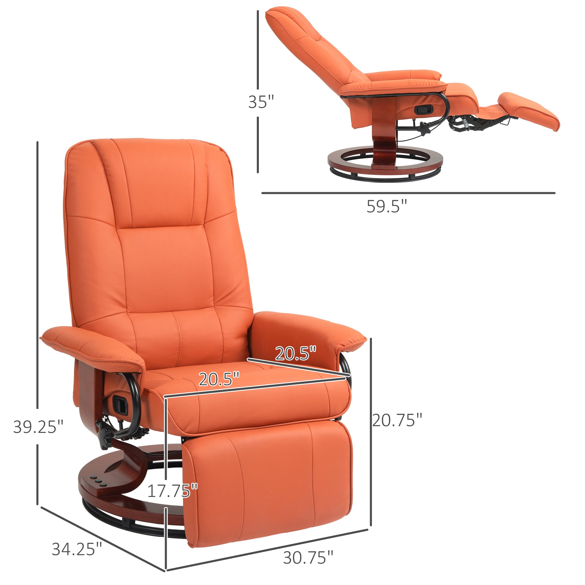 Air Leather Manual Recliner, Adjustable Swivel Lounge Chair with Footrest, Armrest and Wrapped Wood Base, Orange
