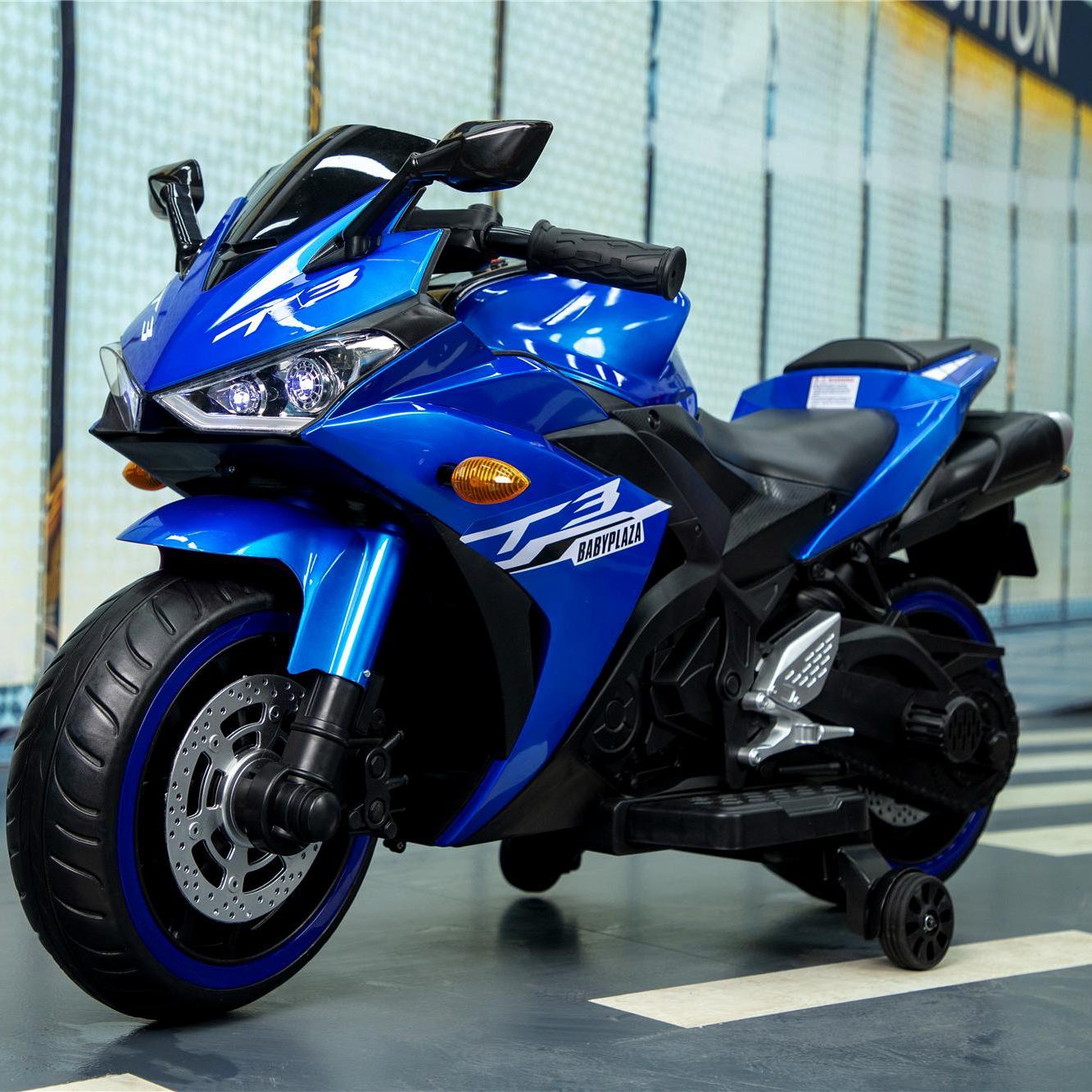 12V Kids Electric Ride-On Motorcycle with Training Wheels and Headlight, Motorbike with MP3 and Light-Up Wheels, 46" L x 20" W x 26" H, Blue