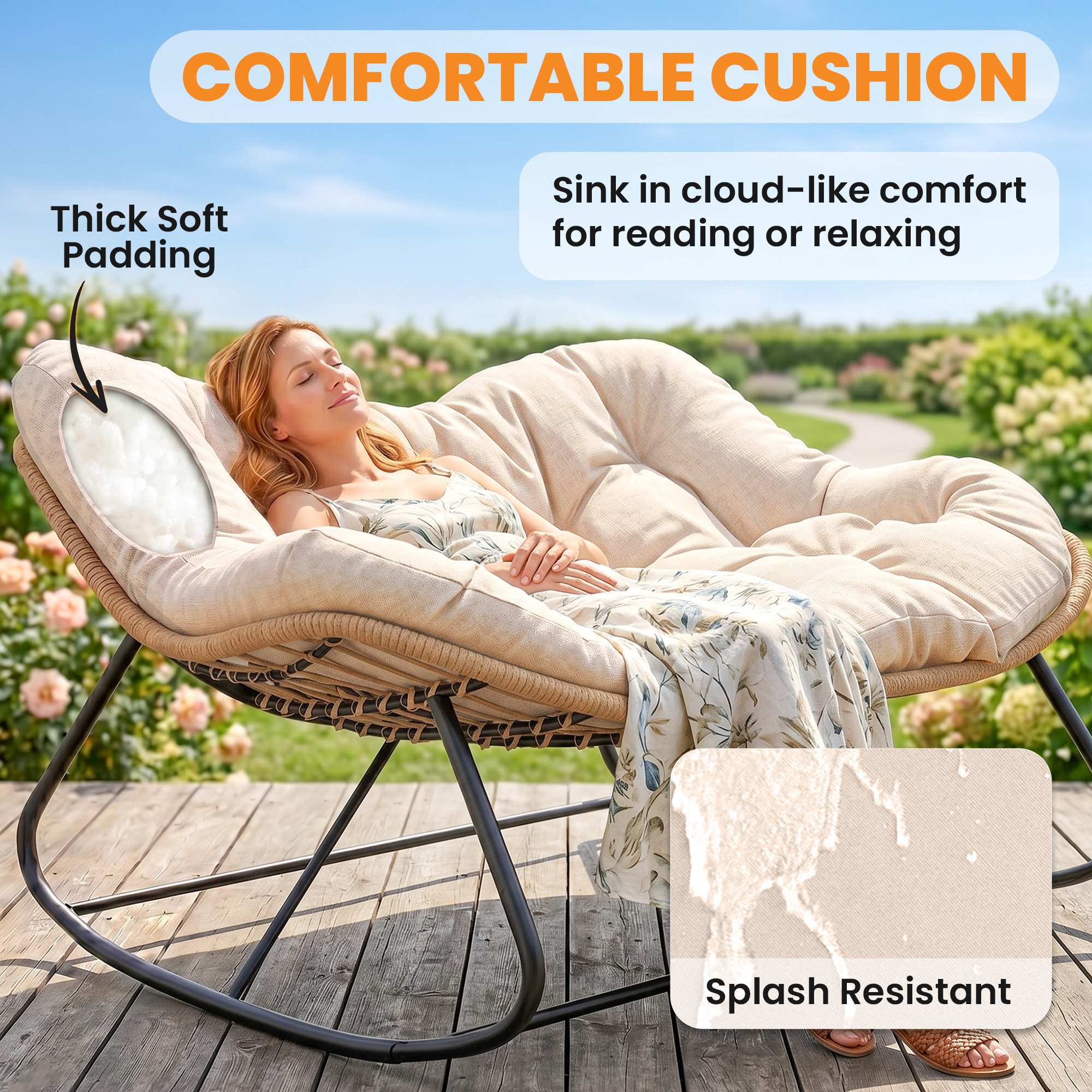 Indoor Outdoor Double Papasan Rocking Chair, Oversized Rocking Egg Chair with Cushion for Garden, Patio, Cream White
