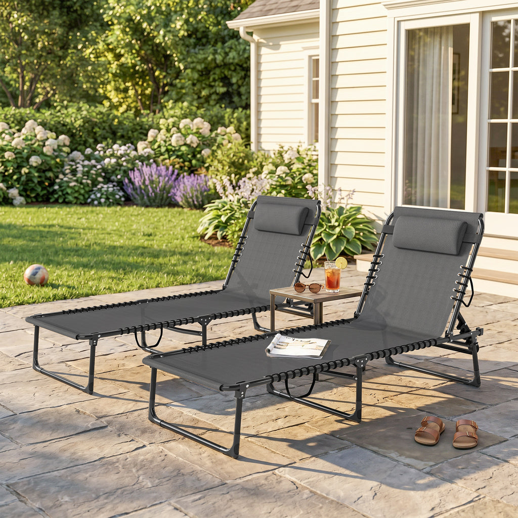 2 Folding Chaise Lounge Pool Chairs with 4-Position Reclining Back, Pillow, Breathable Mesh & Bungee Seat, Gray