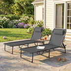 2 Folding Chaise Lounge Pool Chairs with 4-Position Reclining Back, Pillow, Breathable Mesh & Bungee Seat, Gray