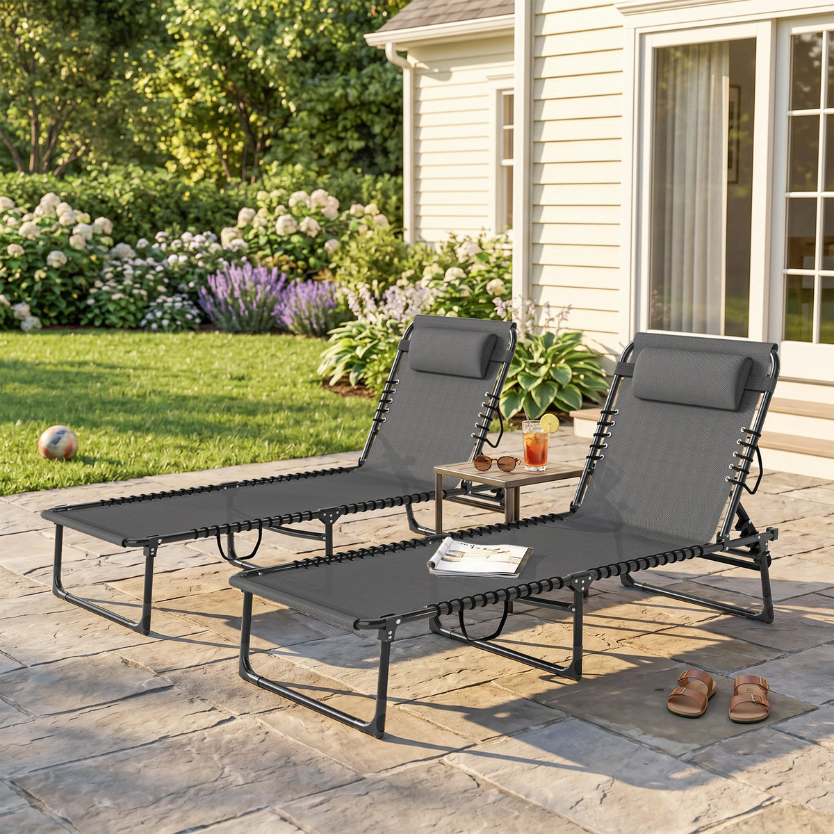 2 Folding Chaise Lounge Pool Chairs with 4-Position Reclining Back, Pillow, Breathable Mesh & Bungee Seat, Gray