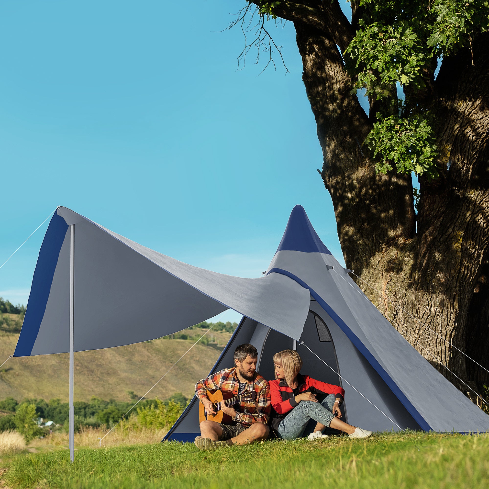 15.4'x15.4'x8.5' Teepee Tent, Waterproof Camping Tent with Porch Area, Floor and Carry Bag, for 2-3 Person Outdoor Backpacking Camping Hiking, Blue