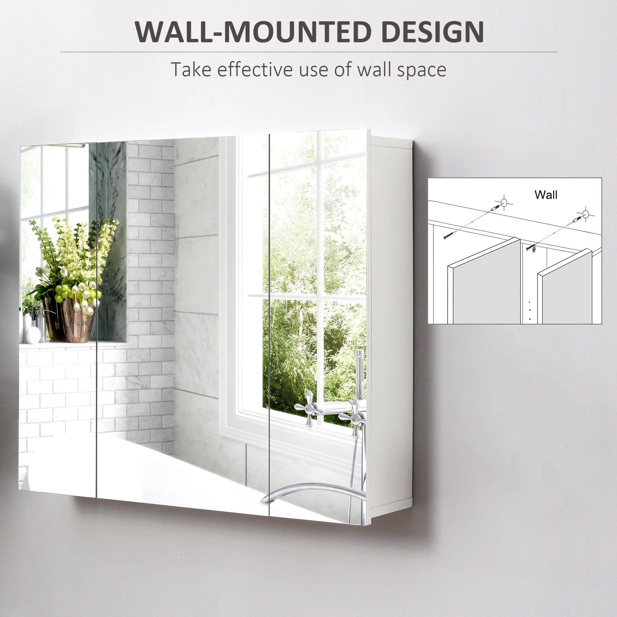 Wall Mounted Mirror Cabinet, Bathroom Medicine Cabinet with Mirror, 3 Doors and Adjustable Shelves, White